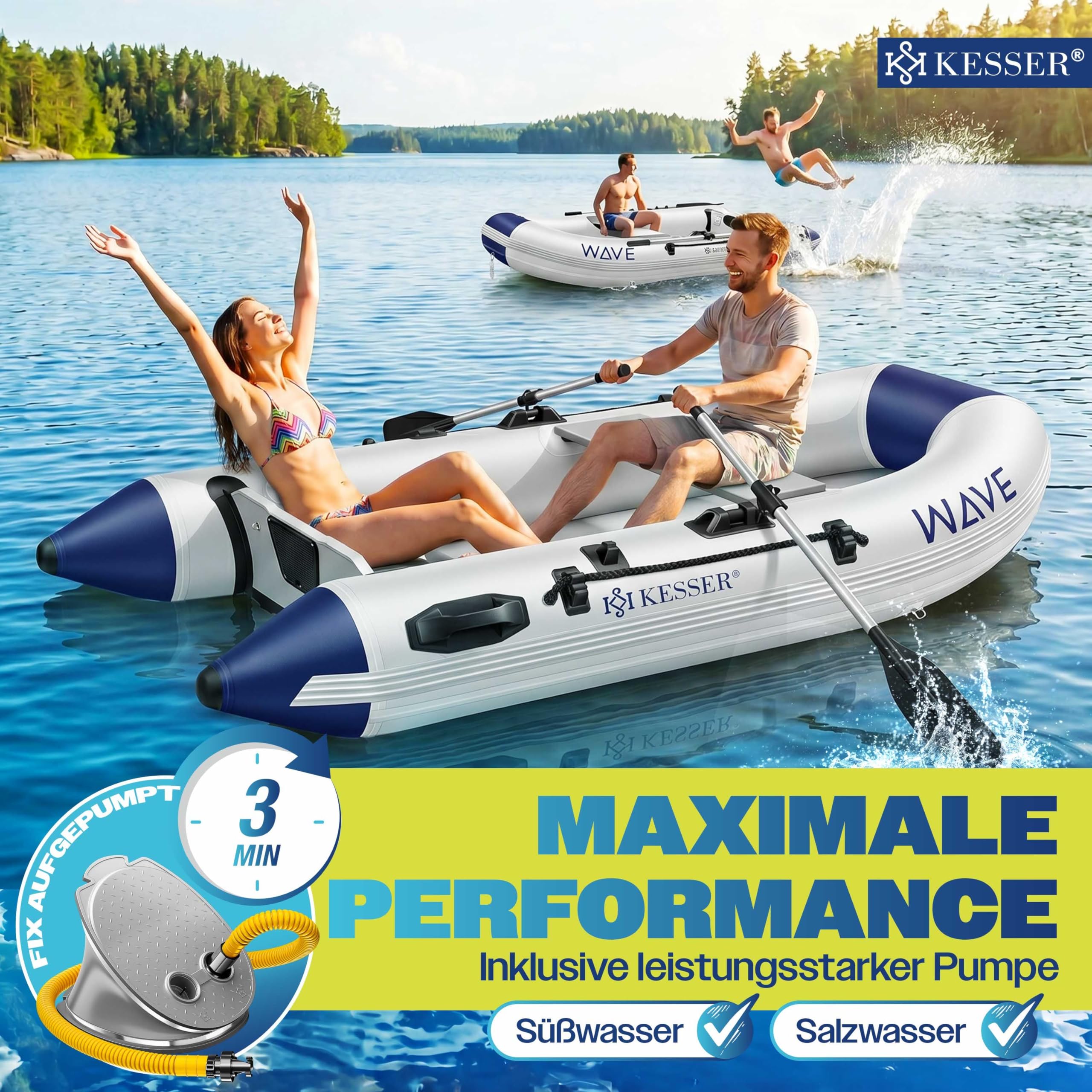 Conjunto de bote hinchable KESSER® Wave de 230-320 cm, 6 piezas inflable – Bote + banco, bomba de aire, remos, kit de reparación, bolsa, bote de pesca, bote a remo pequeño y grande - combinación con