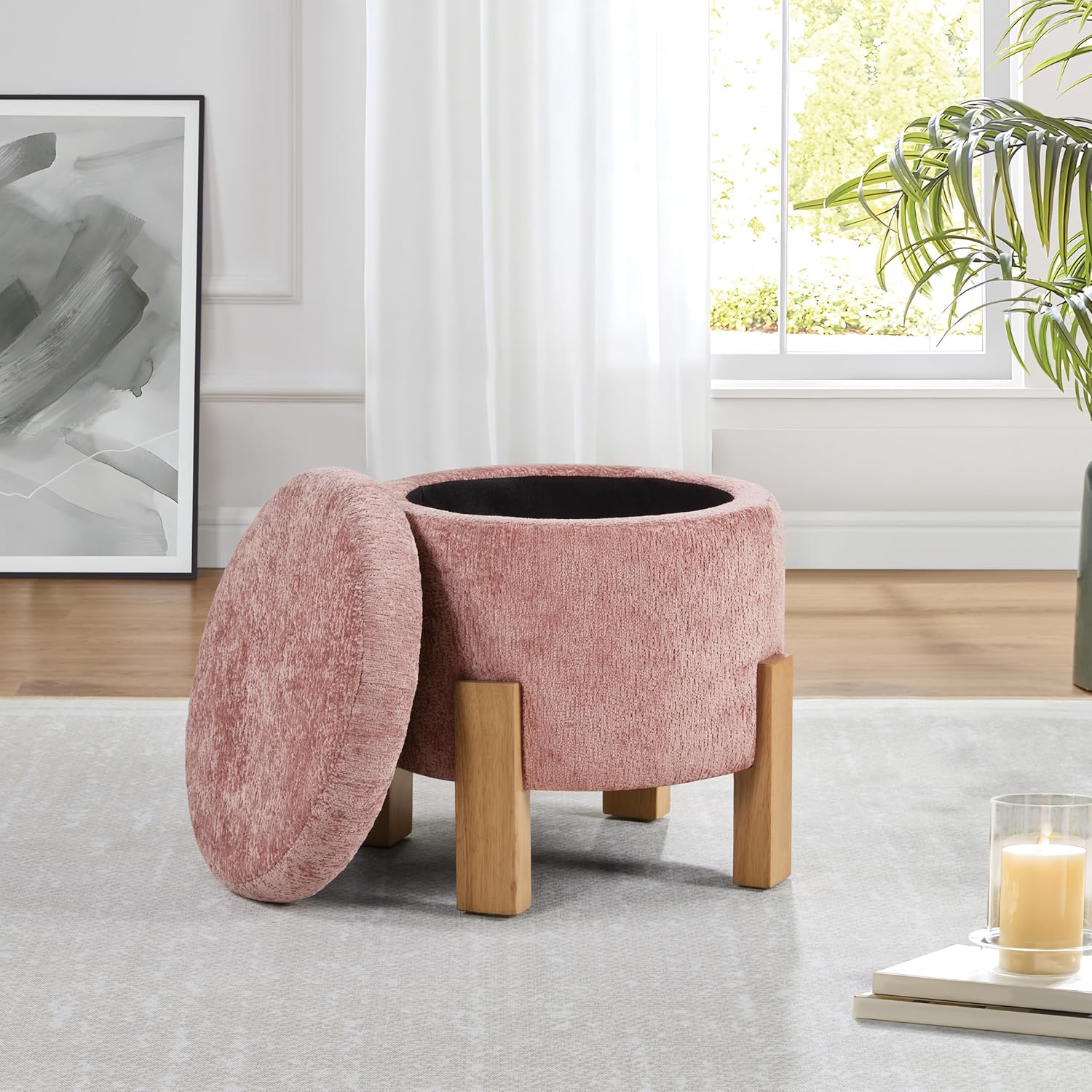 OSP Home Furnishings Annie Contemporary Storage Ottoman with Natural Finish Legs, Rose Fabric