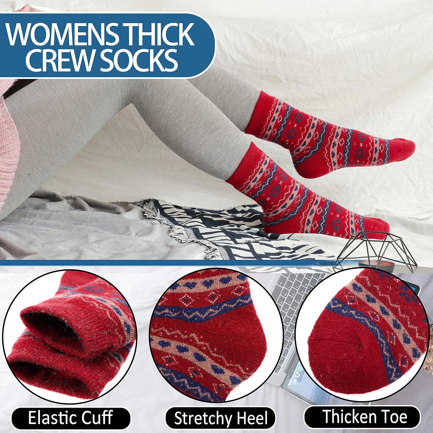 EBMORE Merino Wool Socks for Women Hiking Thermal Warm Winter Thick Boot Cozy Crew Comfy Work Socks for Ladies 5 Pairs - Image 4