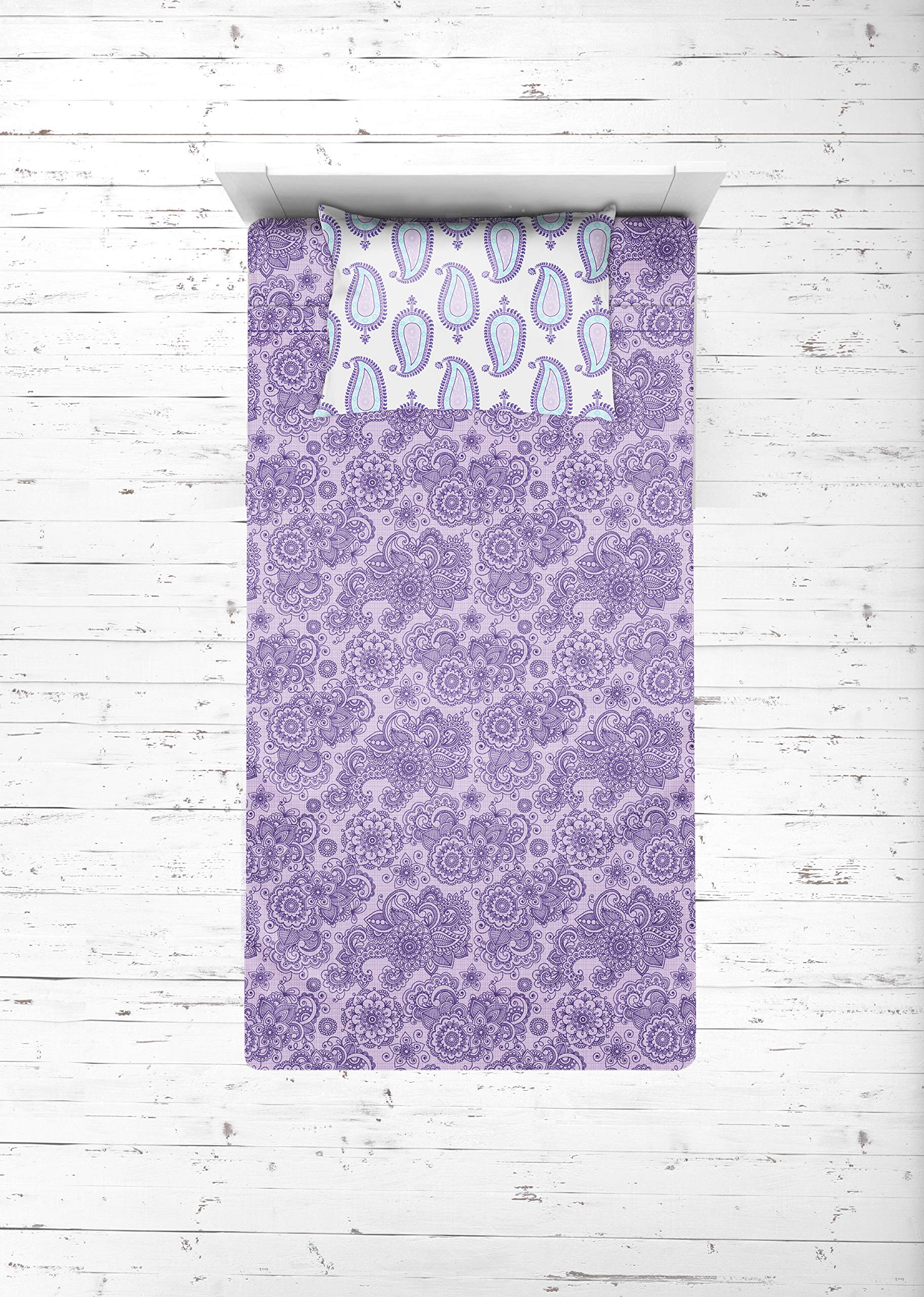 Bacati - Paisley Cotton Percale Girls Toddler Bedding (Lilac/Purple/Aqua Paisley, 3-Piece Toddler Sheet Set)