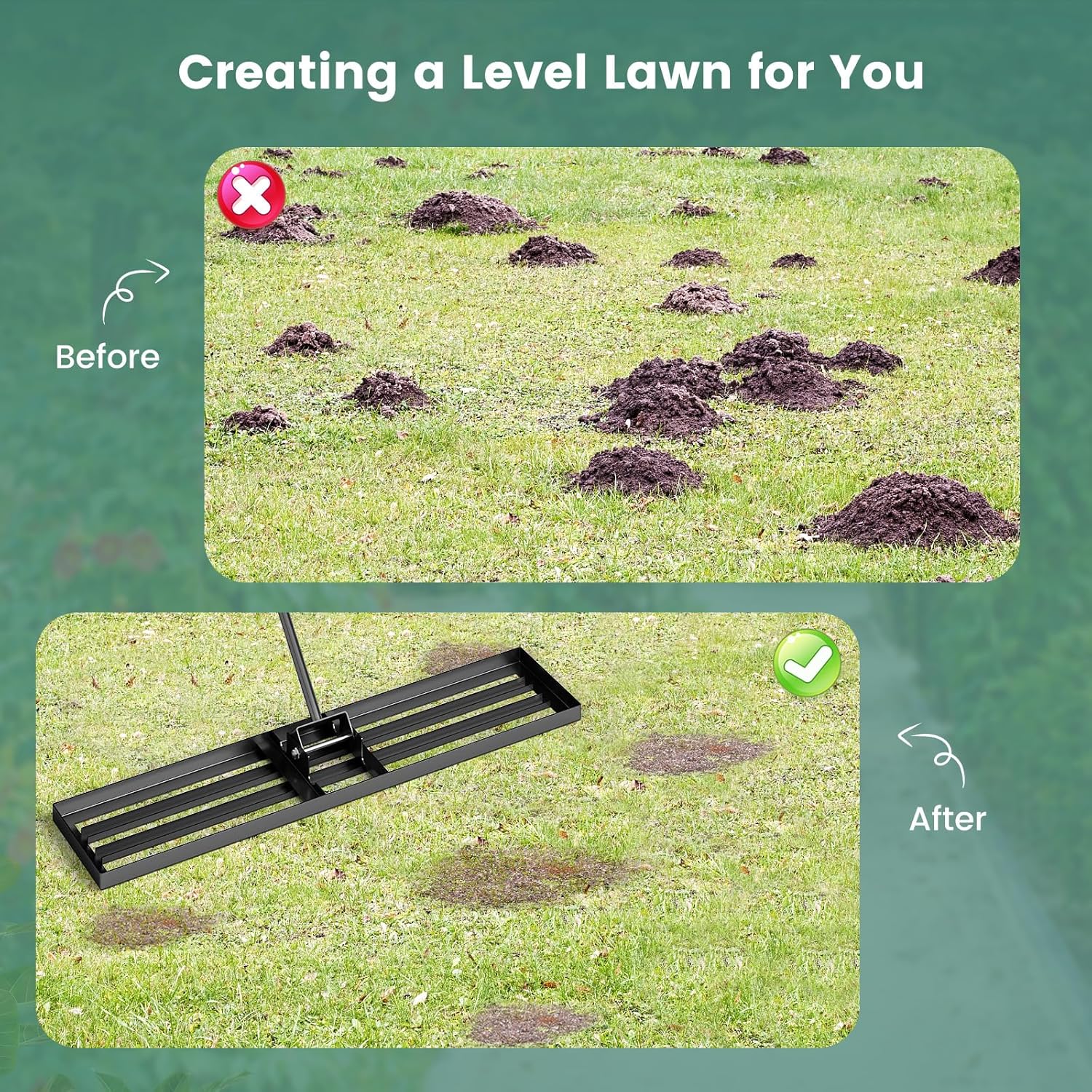 Goplus Lawn Leveling Rake, 46" x 10" Heavy Duty Level Lawn Tool w/ Ergonomic Handle for Soil, Effort-Saving Landscape Rake for Garden, Backyard, Golf Course, Farm, Pasture, Black