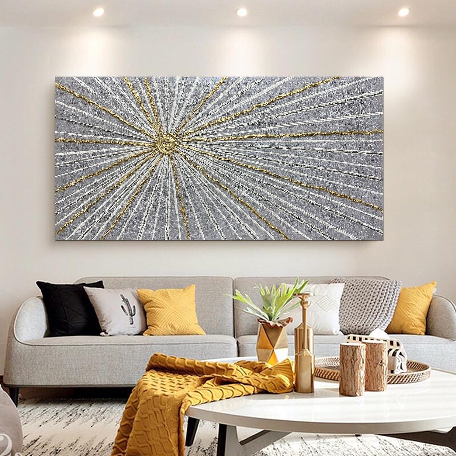 ART8YUQI Paintings, Hand-Painted Abstract Dot & Metallic Line Canvas Art – 24x48 Inch Modern Gold & Silver Wall Decor with Wood Frame, Ready to Hang