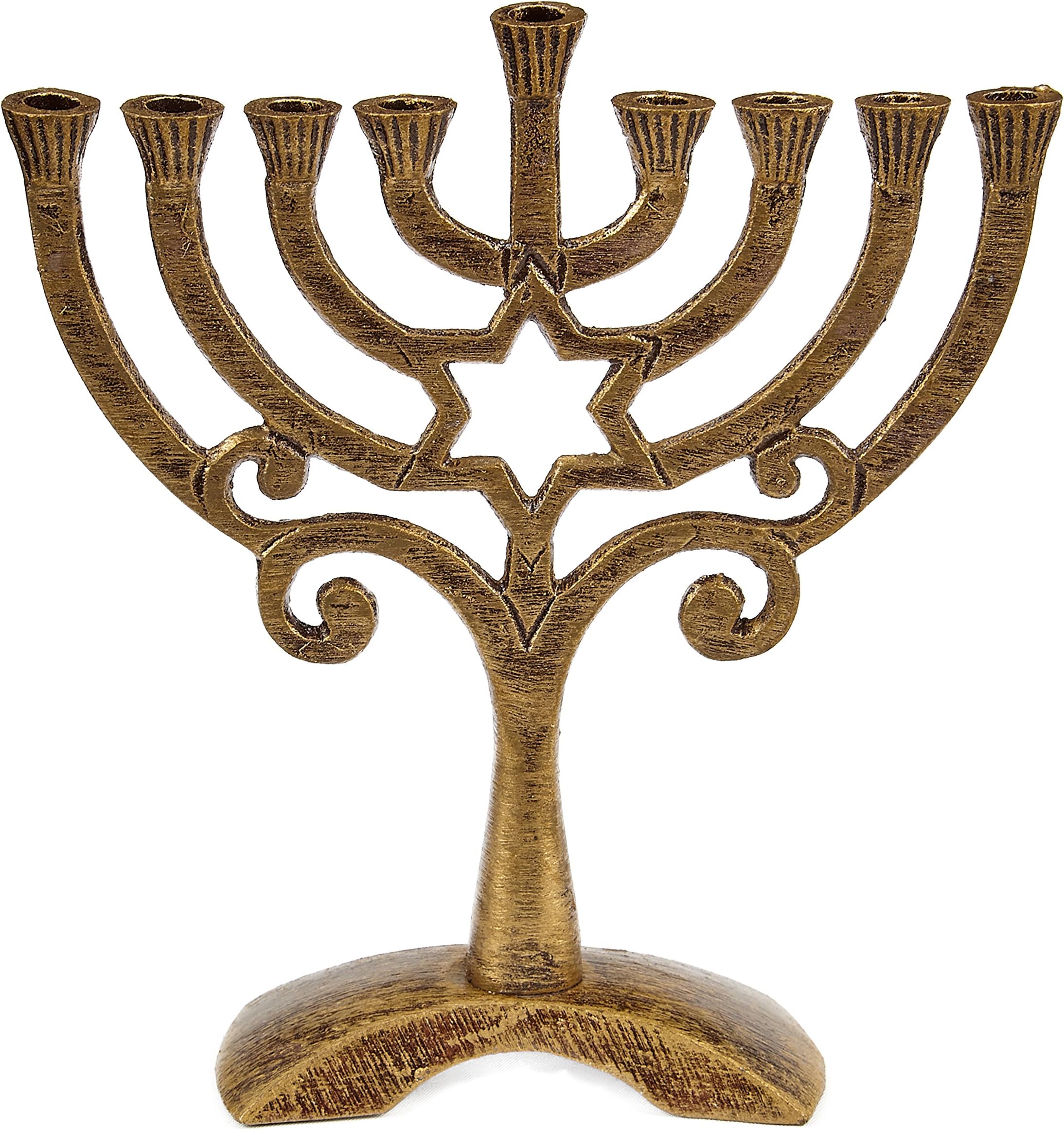Ner MitzvahVintage Aluminum Candle Menorah - Fits All Standard Chanukah Candles - Hanukkah Menorah Traditional Star Design with Antique Gold Finish