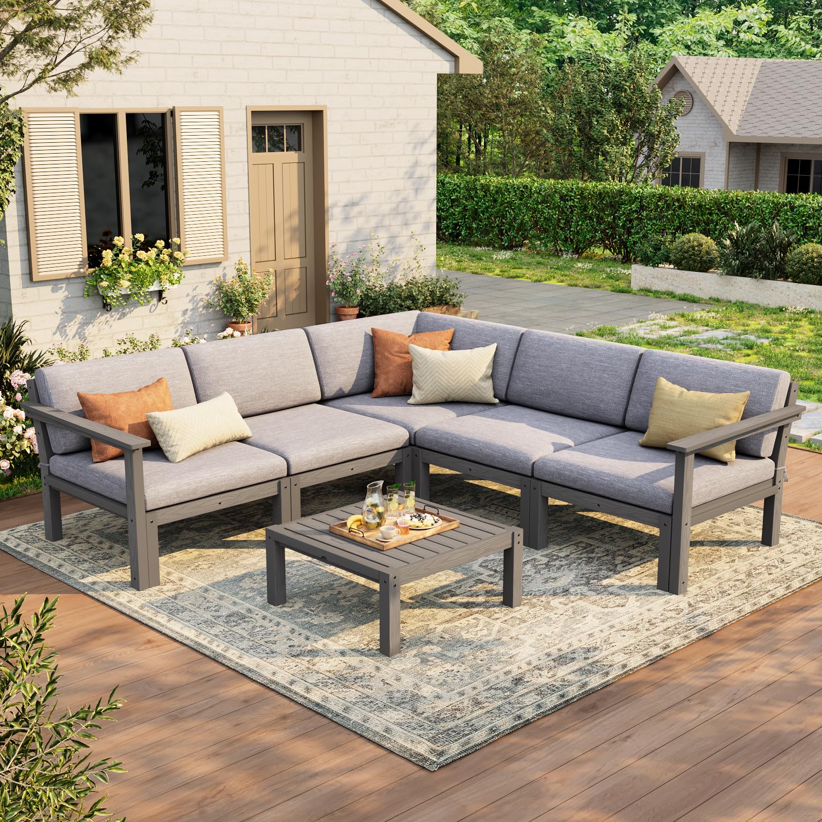 Stoog Patio Furniture Set, 6-Piece All-Weather Outdoor Sectional Sofa Set - Modular &amp; Waterproof HIPS Frame, Quick-Dry Olefin Cushions, Grey