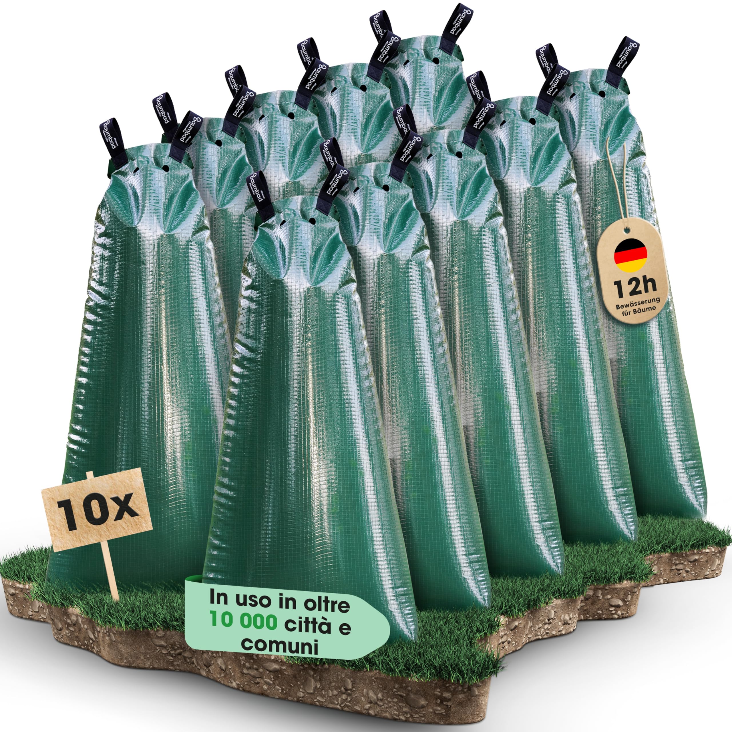 baumbad 10 Sacchetti per irrigazione in PE di Alta qualità, 100 Litri, in polietilene Resistente ai Raggi UV, per l'irrigazione in Verde, con Confezione Ecologica