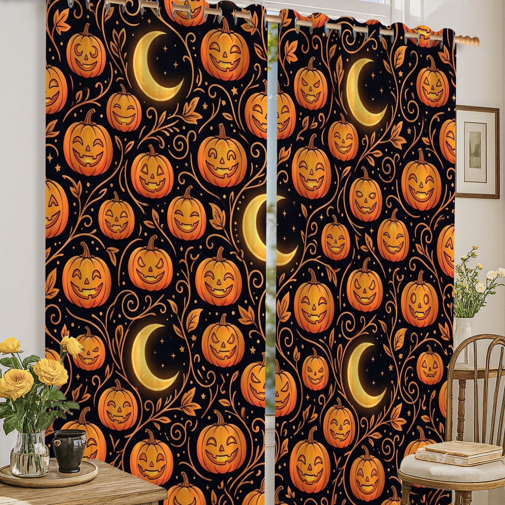 Rideau occultant motifs citrouilles et vignes aux finitions soignées pour décoration élégante
