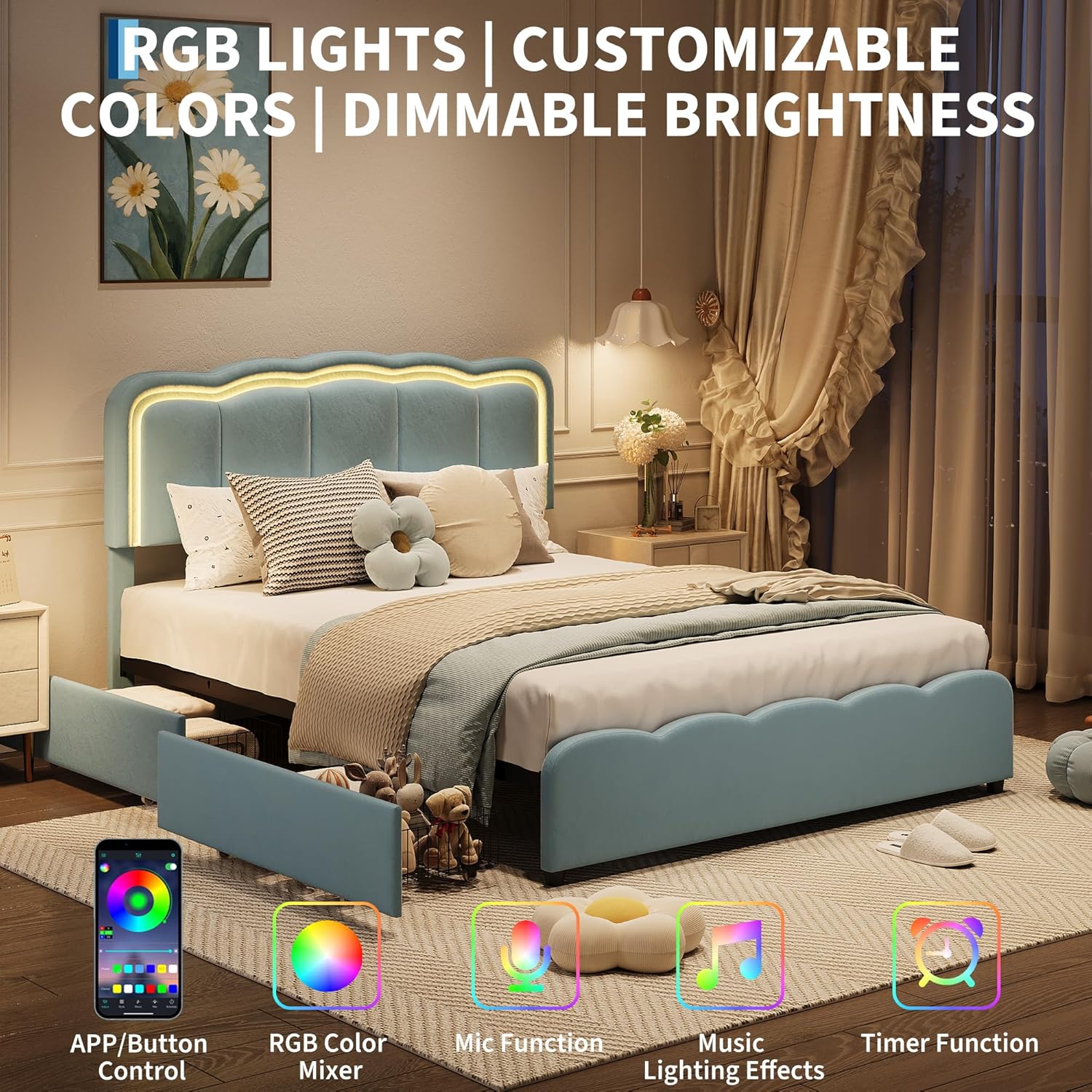 GarveeHome Queen LED Bed Frame, Kids Platform Bed with 2 Large Storage Drawers, Velvet Upholstered Princess Bed for Girls & Boys, Wooden Slats Support, No Box Spring Needed, Easy Assembly, Blue
