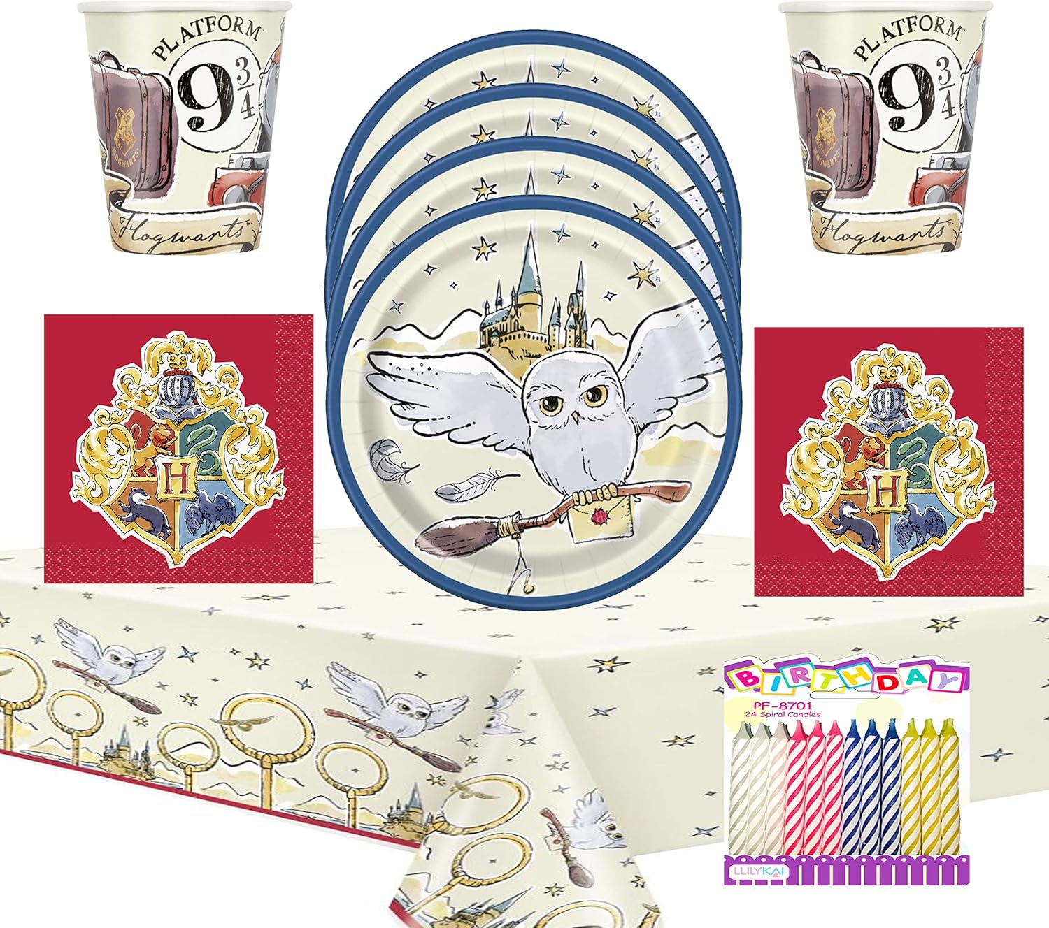 Harry Potter Party Supplies Pack Serves 16: 7" Dessert Plates Beverage Napkins Cups and Table Cover with Birthday Candes (Bundle for 16)