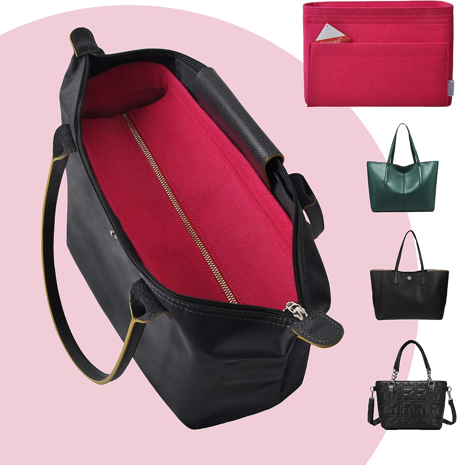 Vercord Felt Zipper Handbag Tote Purse Duffel Backpack Organizer Insert Rose Large