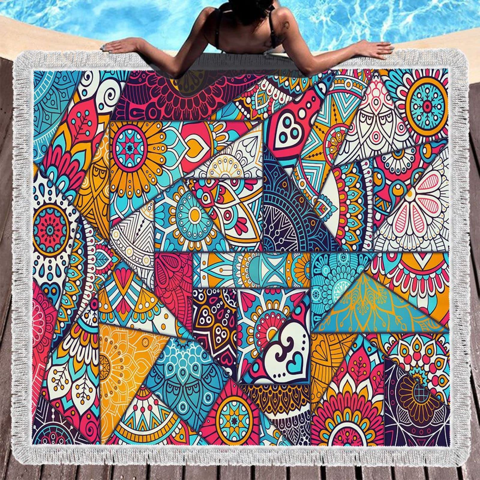 Tappetino Da Picnic Coperta Picnic Telo Pic Nic Stuoia Campeggio 150 Cm Modello Vintage Stile Etnico Boemo Quadrato Stampa Telo Mare Tappetino Pranzo In Microfibra Serie Geometrica Stampa Digitale 3D,