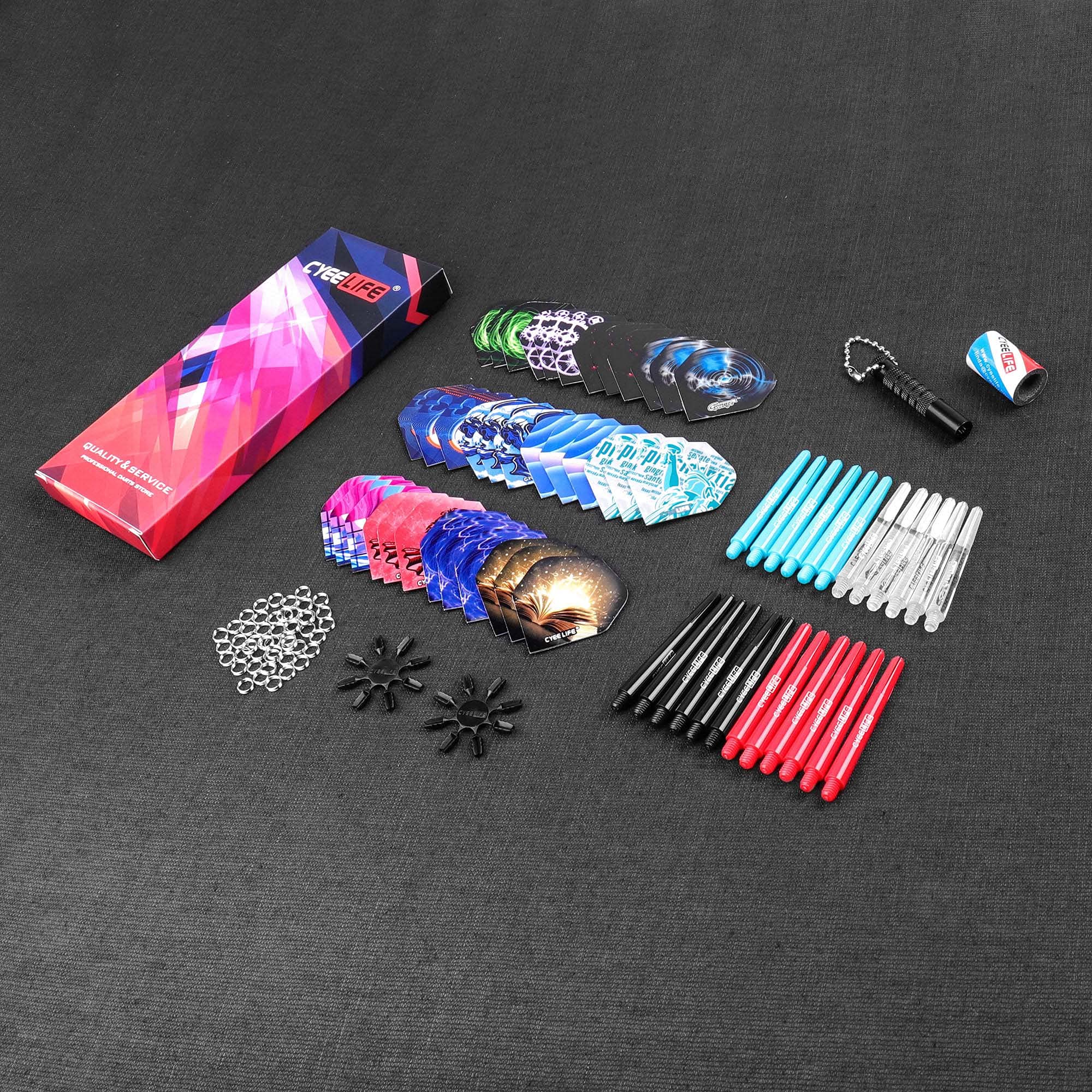 Kit Accessoires Fléchettes CyeeLife - 36 Ailettes + 18 Tiges Alu + Aiguiseur + Outils + 100 Anneaux Caoutchouc