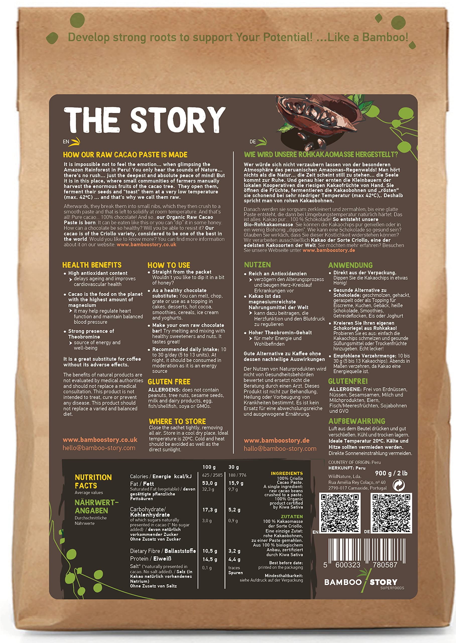 Crudo | BAMBOO STORY | Pasta di Cacao in Bottoni | Criollo | Biologico/BIO | 100% Cacao | Senza zuccheri aggiunti | 900 g | Origine 100% Perù