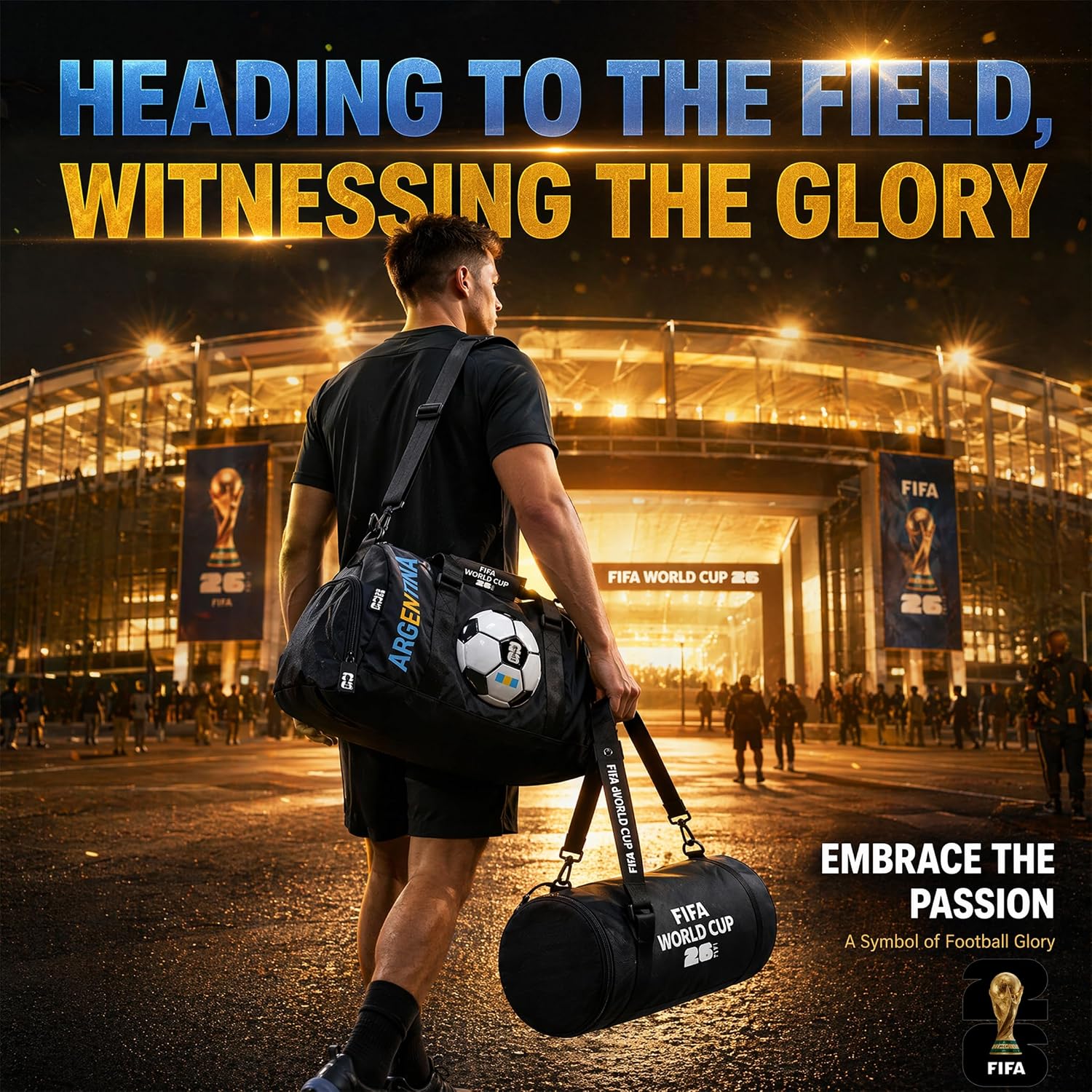 FIFA World Cup 2026 Officially Licensed Gym Bag for Men & Women, Duffle Bag for Travel/Sports/Workout/Daily Use, Multi-Compartment with Shoulder Strap, Waterproof Nylon, Black (Argentina Design)