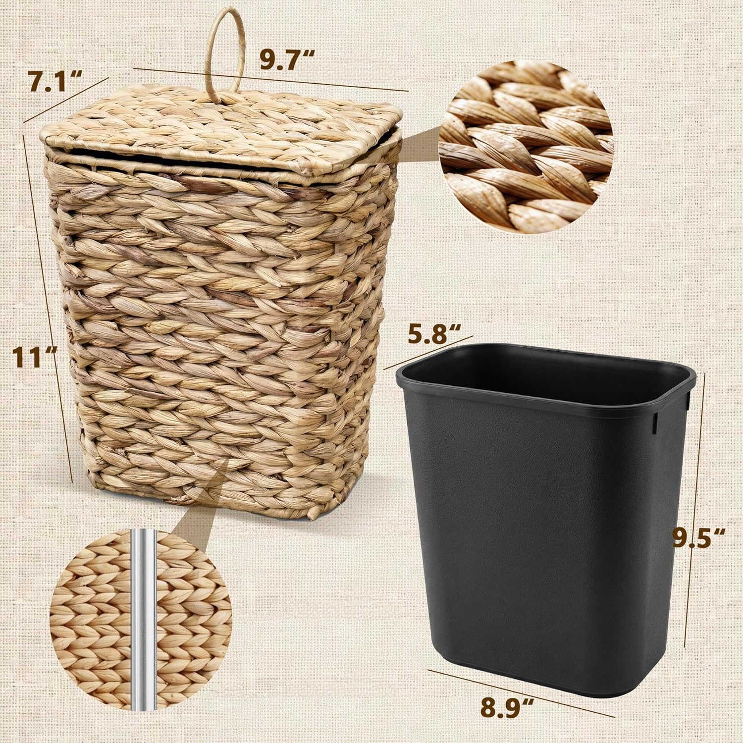 2.6 Gallon Wicker Trash Can with Lid, Handwoven Water Hyacinth Wastebasket with Removable Plastic Inner Bin, Small Decorative Rattan Trash Can for Bathroom Bedroom Office Kitchen