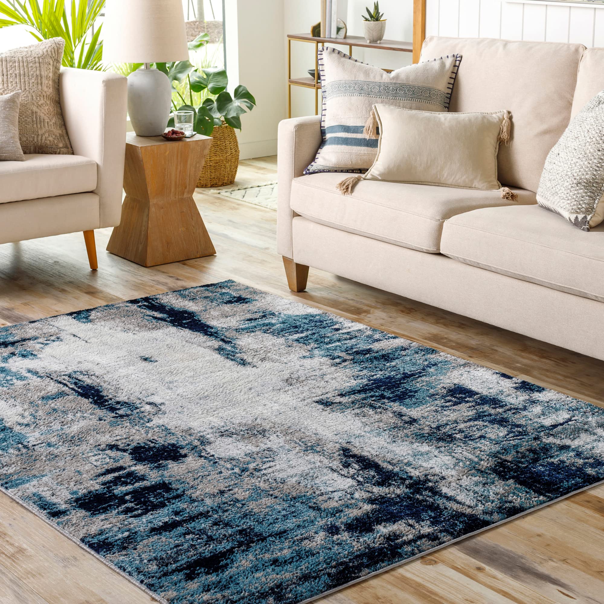 B&Q -  Wanderlust-Abstract Blue Grey Black Modern Marble Living Dining Bedroom Rug 120 X 170 Cm Easy CareNon Shedding