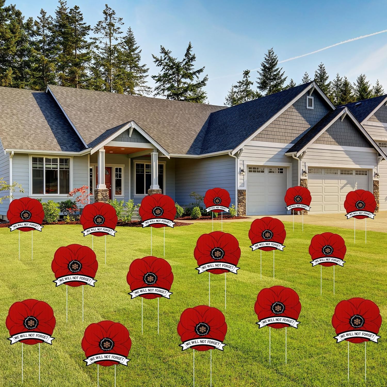 24 Pcs Memorial Day Yard Signs with Stakes 7.9 Inch Remembrance Day Poppy Patriotic Yard Sign Weatherproof Veteran Lest We Forget Poppy Lawn Decoration for Soldiers Army Courtyard Garden
