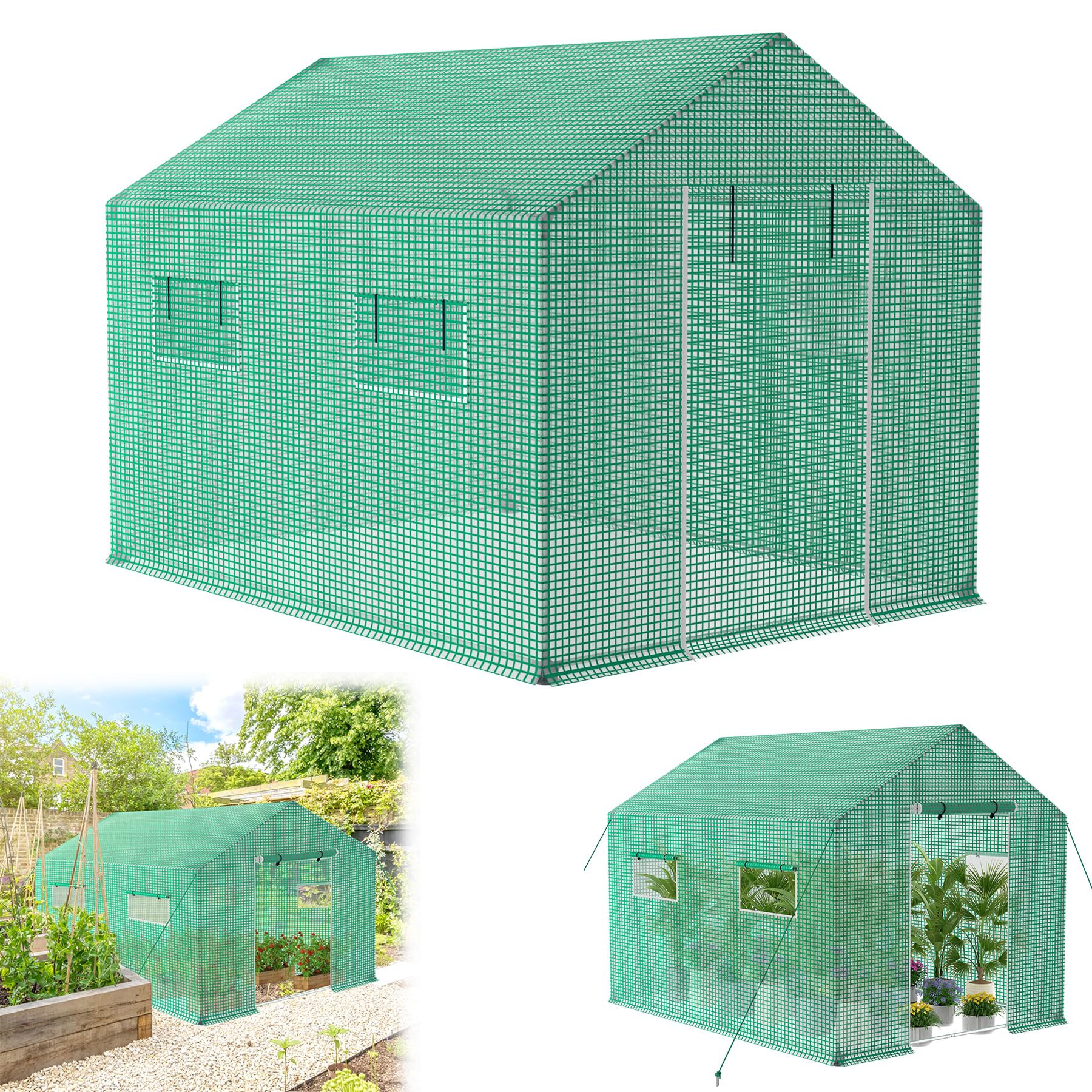 LZQ Gewächshaus Winterfest 6 ㎡, Tomatenhaus mit UV-beständiger Gitternetzfolie, Fenstern und Verzinkte Rohrrahmen, Frostschutz Folientunnel für Gemüse, Blumen und Pflanzen (3x2x2 m, Grün)
