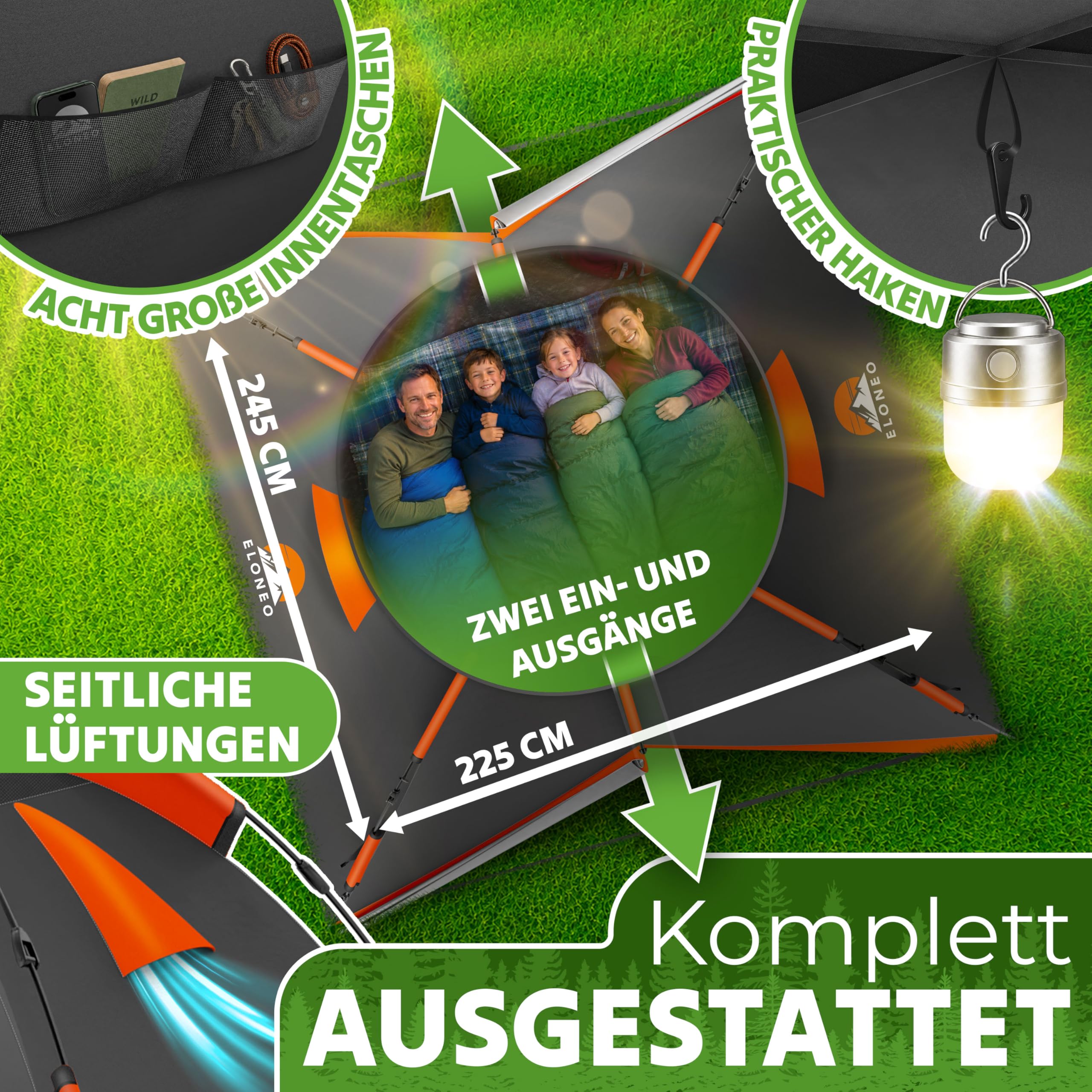 ELONEO Wurfzelt - extra wasserdicht & stabil, schneller Auf- & Abbau in 45 Sekunden | Wurfzelt 4 Personen wasserdicht | Wurfzelt 3 Personen | Wurfzelt 2 Personen, Pop Up Zelt 2 Personen | Camping Zelt