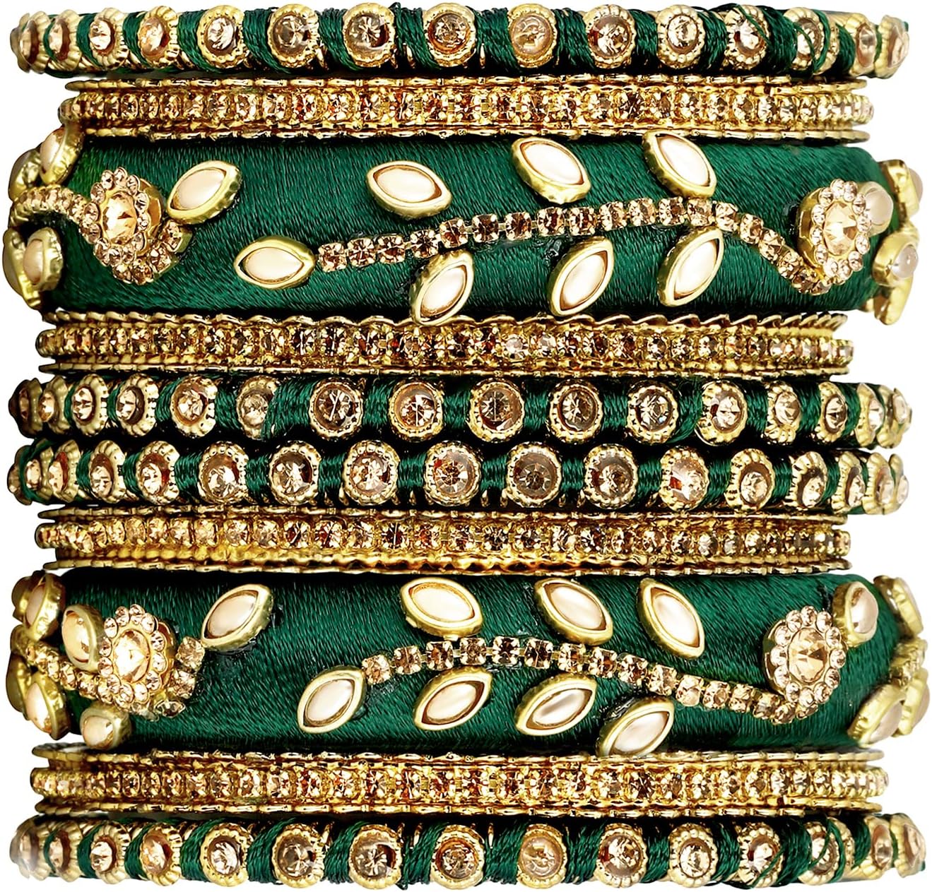 Aheli Silk Thread Fabric and Stone Studded Kundan Chura Chuda Bangles Set Gift for Women Size