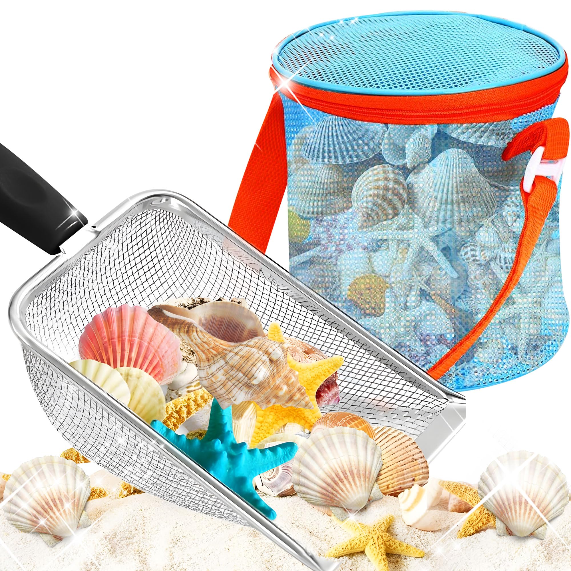 Beach Mesh Shovel with Mesh Beach Bag for Shell Collecting Filter Sand Scooper for Picking Up Shells Beach