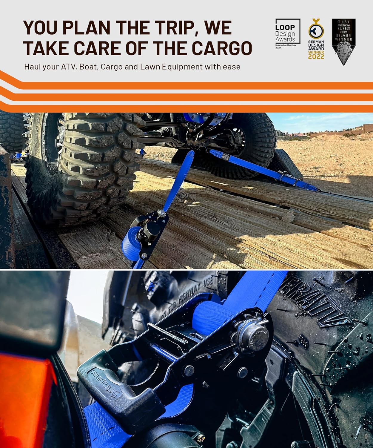 Strapinno 2PCs Retractable Ratchet Tie-Down Straps,5,000 lbs Breaking Strength- 2 in x 12 ft Heavy Duty Ratchet Strap with Safety Lock S Hooks for Motorcycles, ATVs, UTVs, Lawn Equipment & Cargo -Blue - Image 6