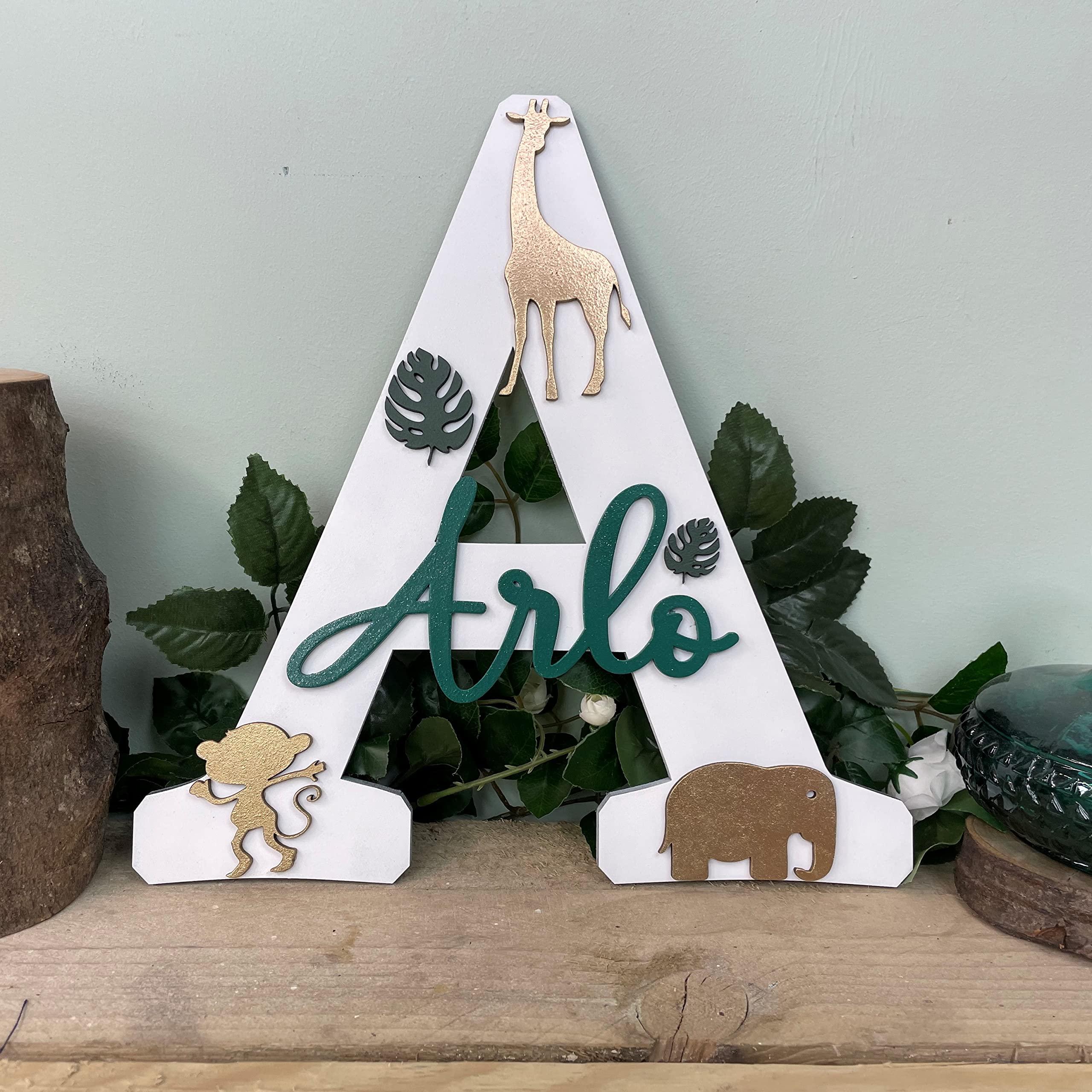 MadeAt94 Personalised White Gold Jungle Themed Decorative Name Sign Hanging Wall Decoration