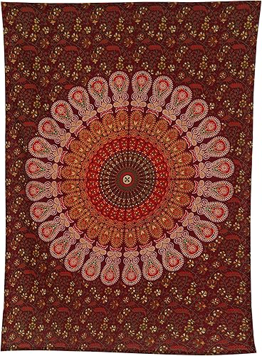 Miniatura 146 de Tapiz hippie indio bohemio psicodélico dorado mandala de pavo real azul dorado para colgar en la pared (naranja marrón, King (88 x 104 pulgadas)