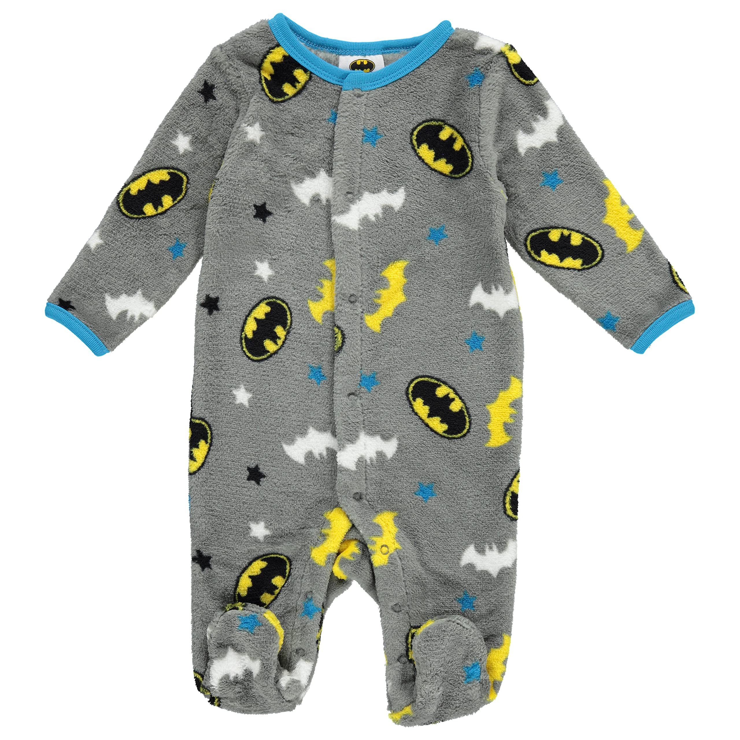 DC Comics Batman Baby Boy Plush Polar Fleece Romper with Footie Sleeper Printed Coverall (Grey/Yellow, 3-6 Months)