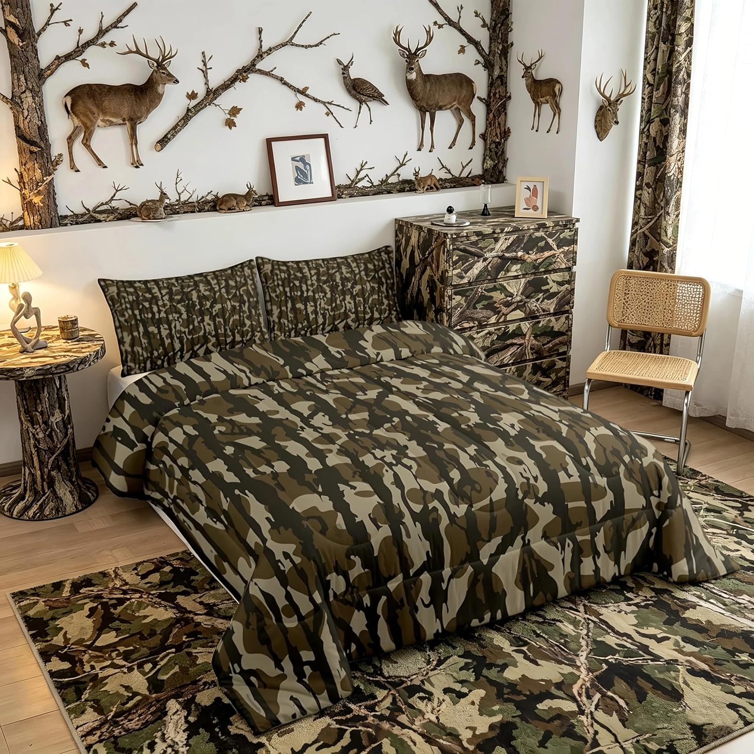 Feelyou Camouflage Bedding Set Queen Size Kids Camo Comforter Set for Boys Girls Teens Military Style Duvet Quilt Breathable Soft Lightweight Microfiber Army Green Room Decor