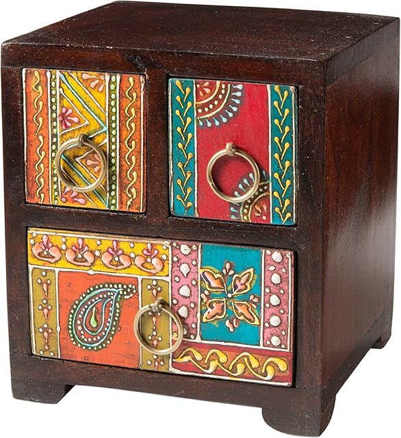 Hand Painted Mango Wood Small 3 Drawer Chest / Jewllery Chest Fair Trade