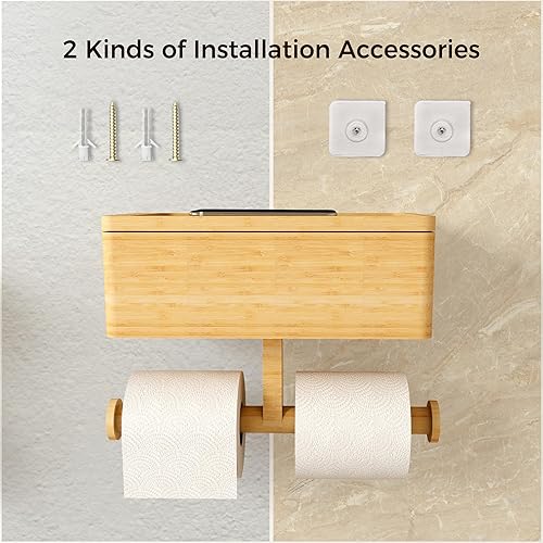 Miniatura 6 de Wealone Soporte de papel higiénico 3 en 1 con caja de almacenamiento, soporte de rollo de papel higiénico de bambú, organizador dispensador de