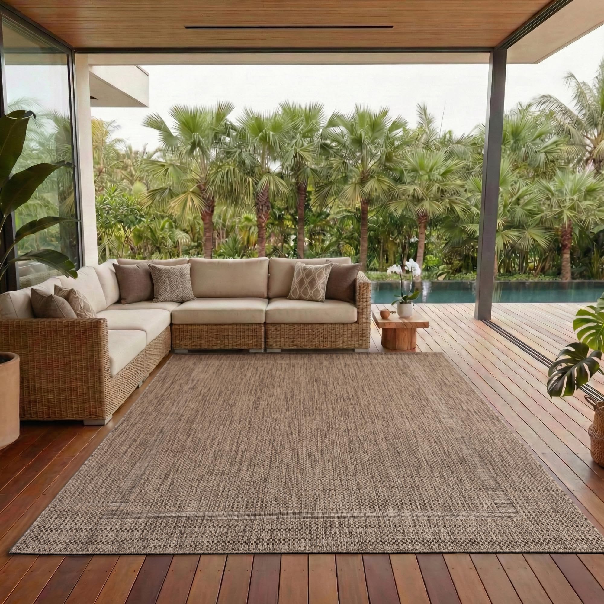 Tappeto per esterno monocolore resistente alle intemperie, ideale per terrazze, balconi, giardini e cucine, con tessitura piatta e finitura simile al sisal, Colore: Marrone, Taglia: 200 x 290 cm