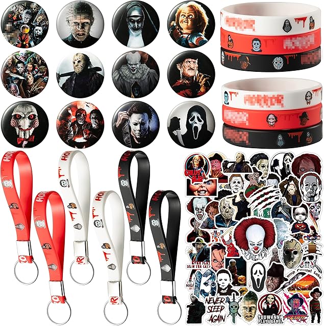 74 Pieces of Horror Character Themed Party Favors Gift Bag Fillers All-in-One Classic Horror Character Objects for Halloween Birthday Christmas Eve Gift with Badges Keychains Wristbands Stickers