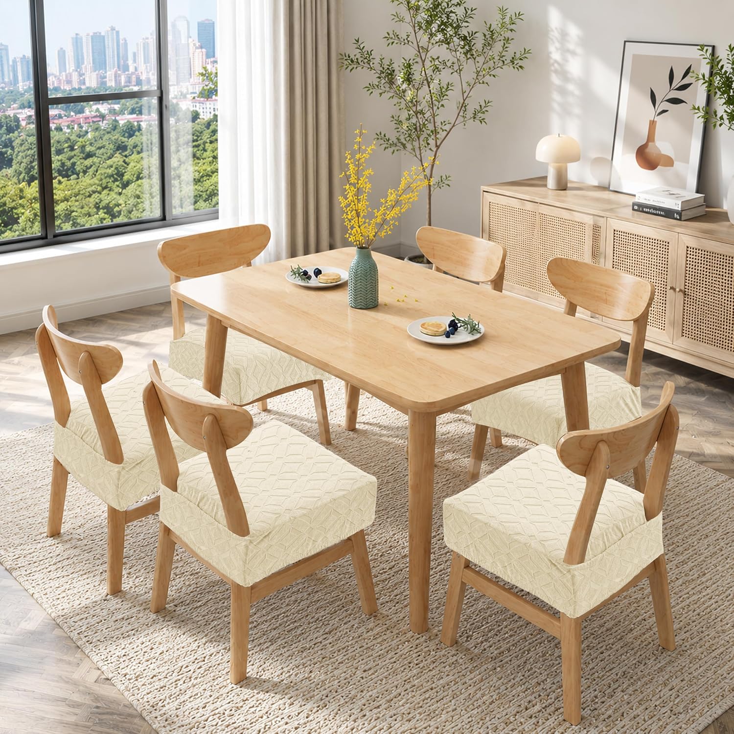 Genina Waterproof Chair Covers Set of 6, Stretch Dining Chair Slipcovers, Removable Washable Kitchen Chair Seat Covers, Jacquard Dining Room Chair Protector，Beige-6PCS