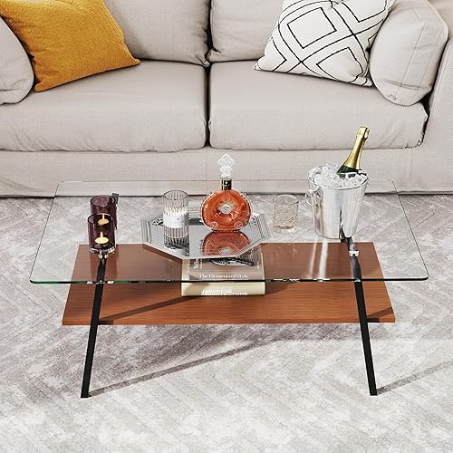 Miniatura 10 de Mesa de centro de cristal para sala de estar, mesa de centro de 2 niveles de mediados de siglo, mesa central con parte superior de vidrio templado
