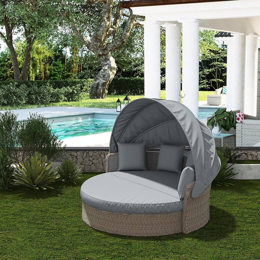 Patio Daybed Cover Outdoor Daybed Cover All Weather Resistant Fabric 210D Silver Coated Oxford Outdoor Round Daybed Sofa Cover, Helpful Air Vent, 90" L X 85" W X16/ 33" H