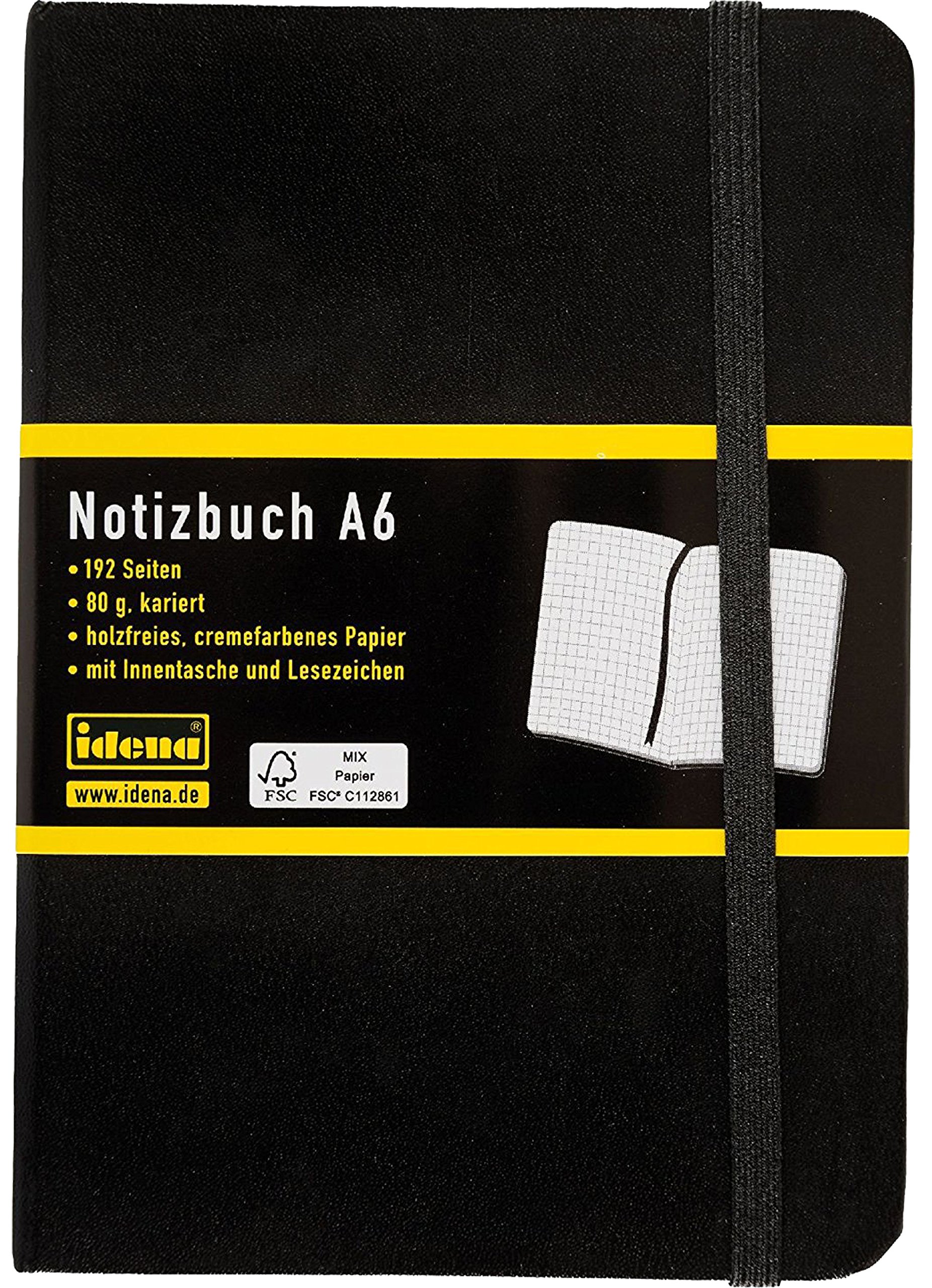 Idena 209282 - Notizbuch DIN A6, kariert, Papier cremefarben, 192 Seiten, 80 g/m², Hardcover in Schwarz (Notizbuch, 10x DIN A6)