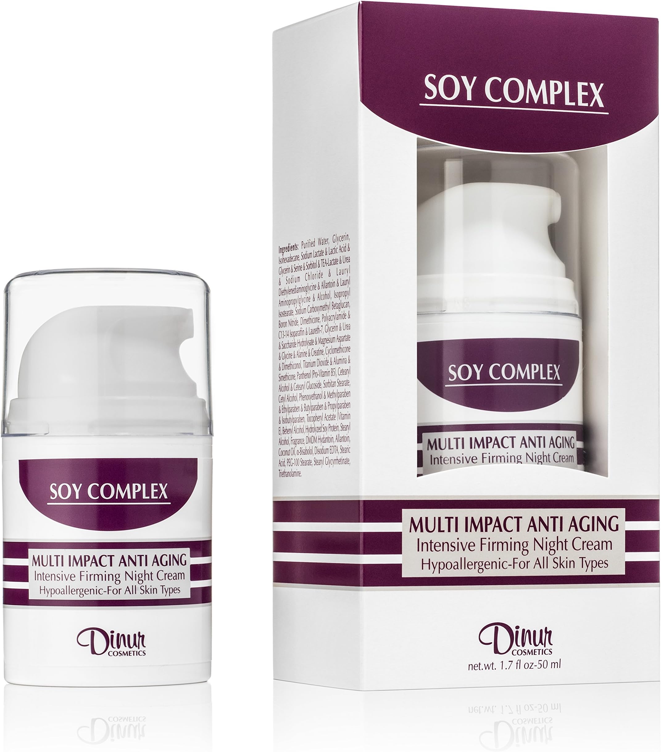 Dinur Cosmetics SOY COMPLEX Multi Impact Anti Aging Night Cream Intensive Firming Formula for Youthful Skin 1.7 oz. 50 ml.