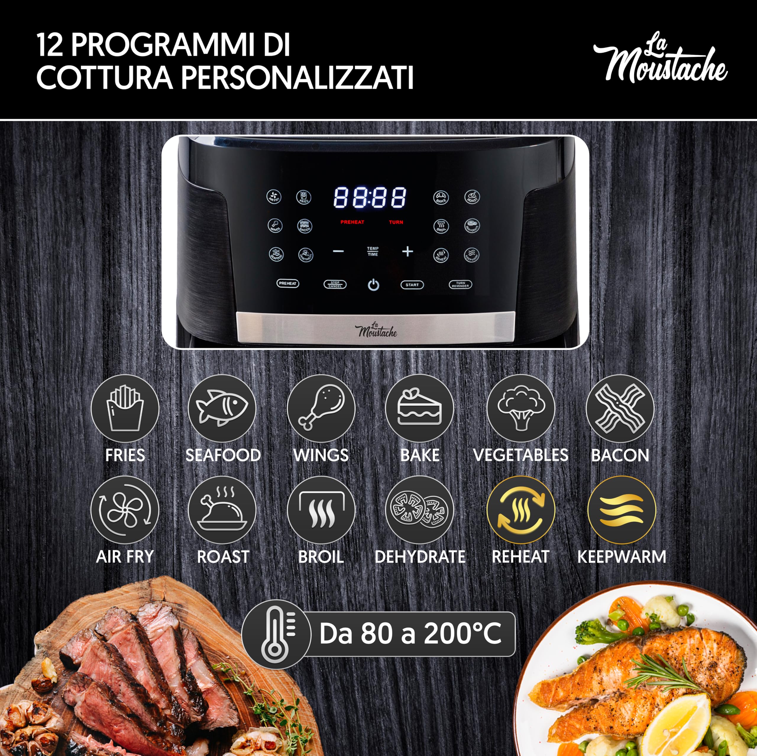 La Moustache - Friggitrice Senza Olio 7L ad Aria Calda 1800W con E-Book di Ricette, Air Fryer con 12 Programmi, Controllo Digitale 80-200 °C, Timer, Griglie Antiaderenti (Pro Smart)