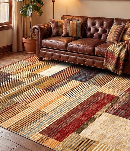 Miniatura 10 de YIHOUSE Alfombra naranja quemada lavable de 8 x 10 pies, Alfombras para Salas, alfombras retro estilo granja marrones, alfombra ondulada abstracta