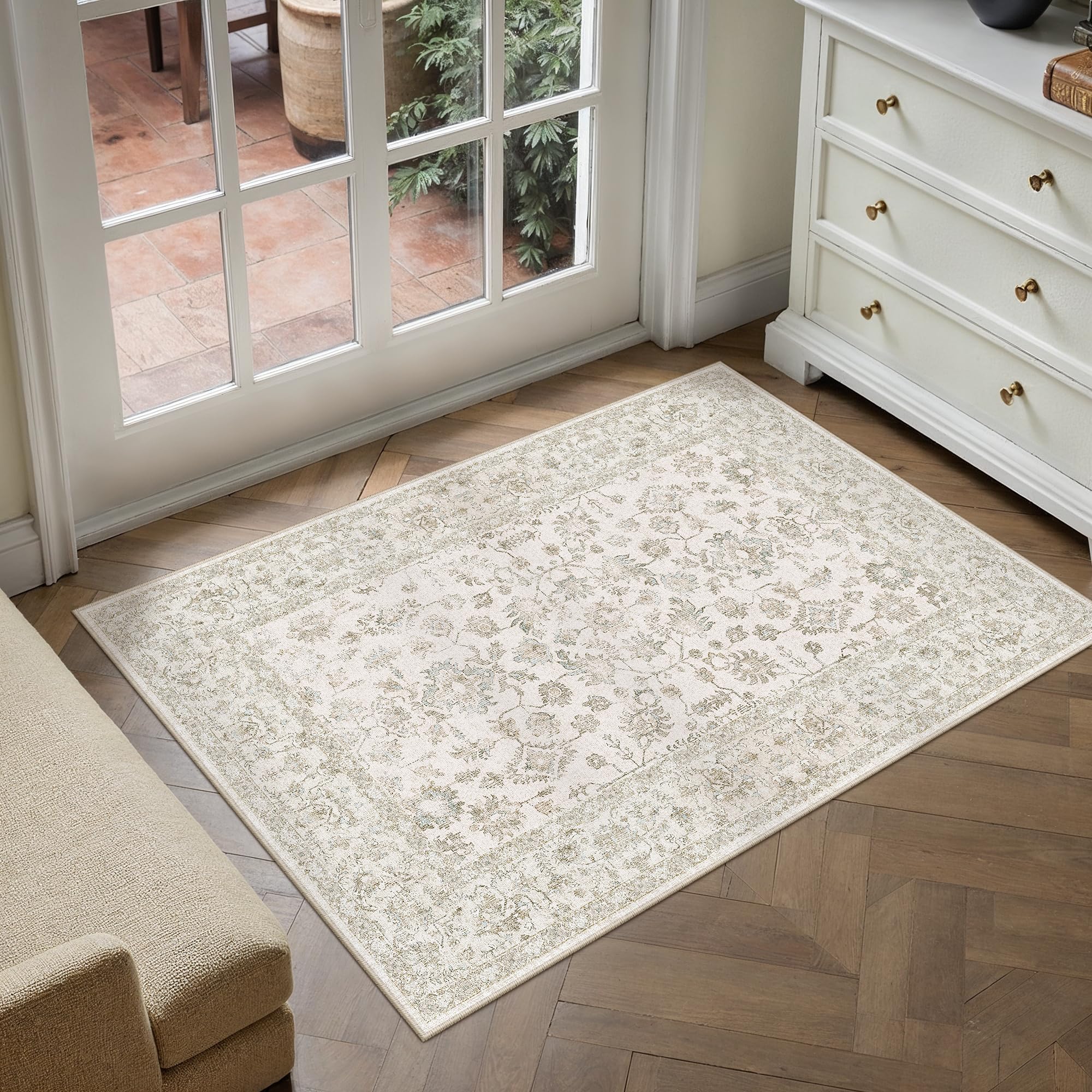 PureCozy 2x3 Beige White Area Rug Washable Vintage Non Slip Carpet
