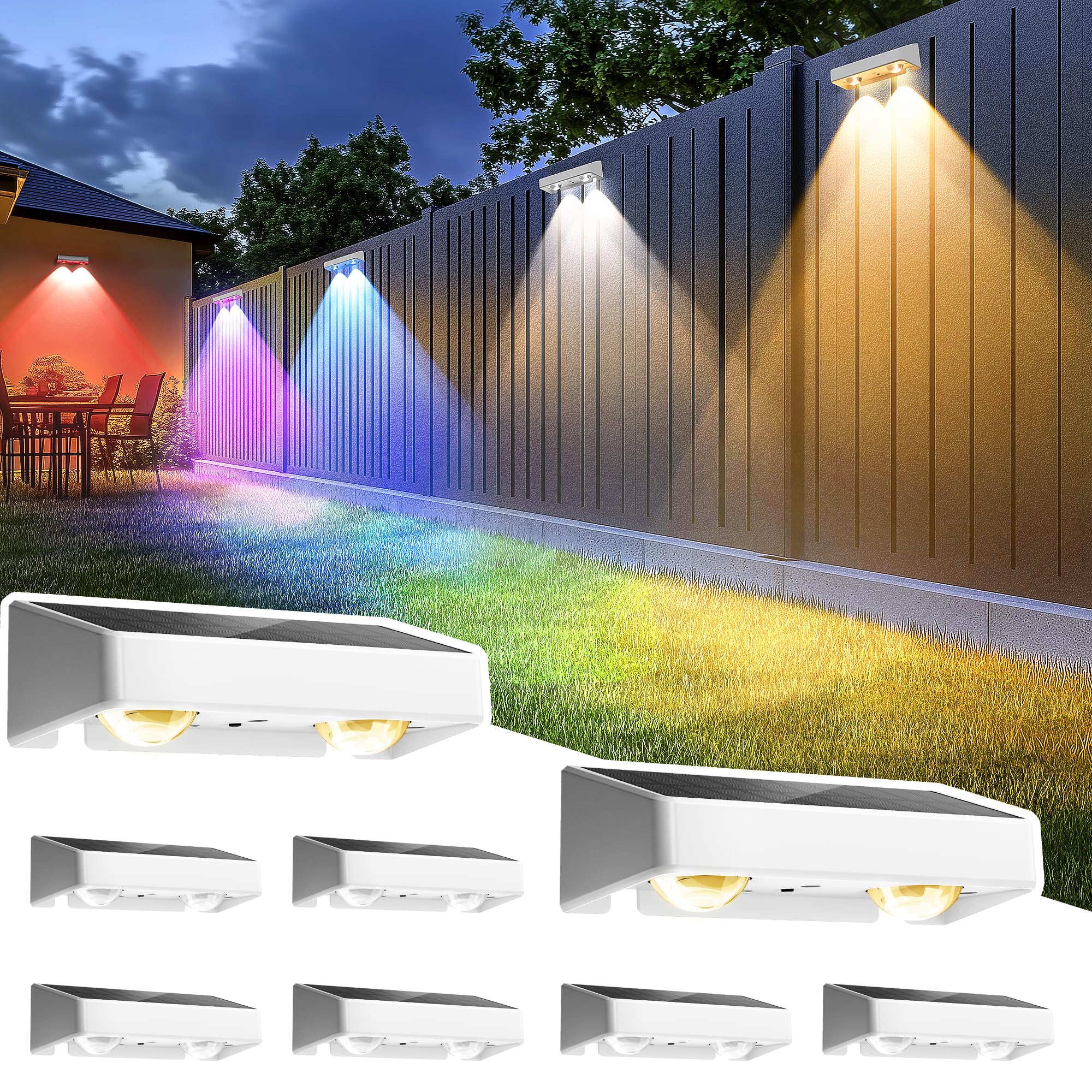 SOLPEX Solar Fence Lights Outdoor, 9 Fixed Colors ＆ Color Changing Fence Solar Lights Outdoor Waterproof IP65, LED Deck Lighting for Backyard Wall