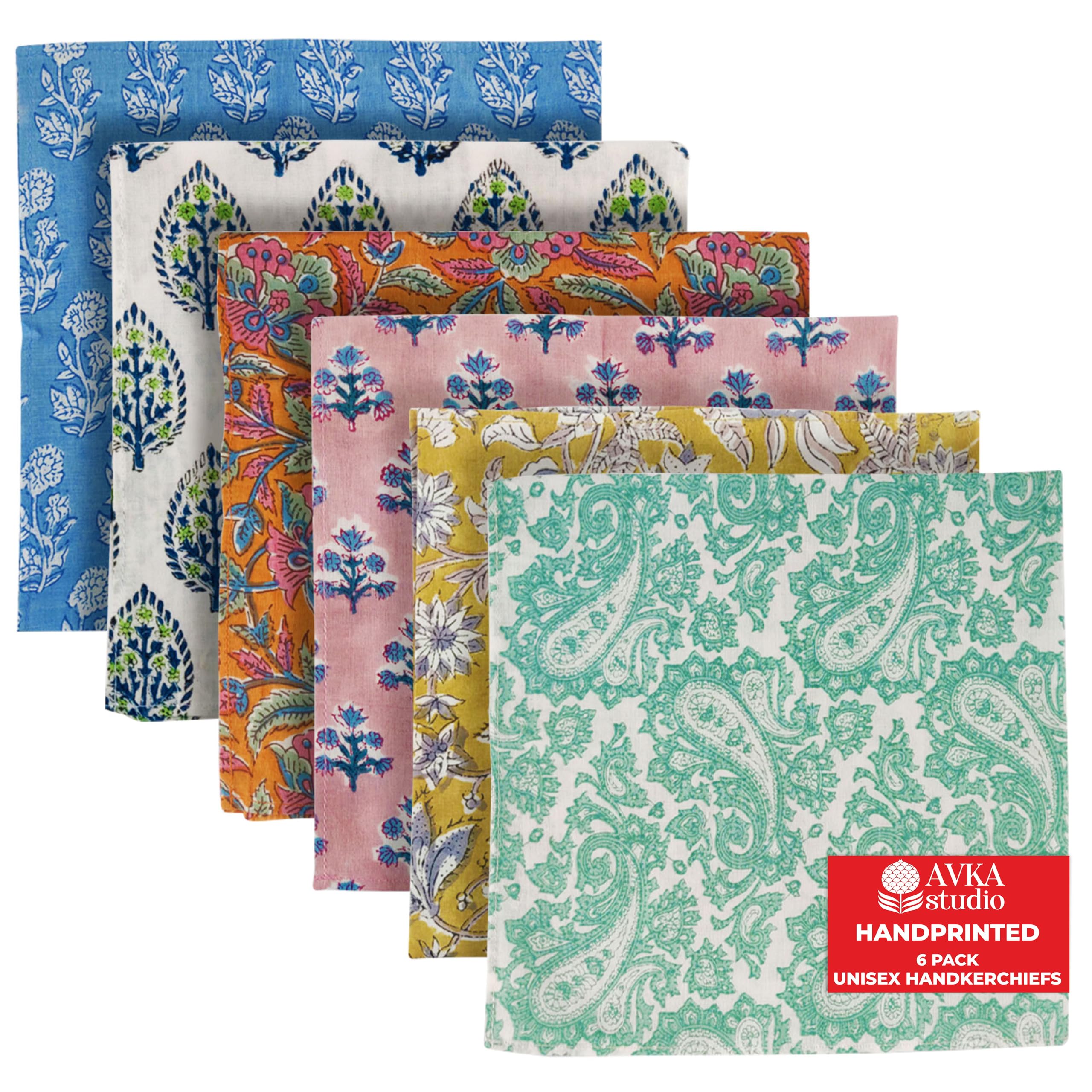 AVKA Studio Unisex Handkerchiefs – 16x16 Soft Cotton Handcrafted Hankies for Men & Women – Sweat Absorbing, Machine Washable, Thin & Lightweight – pack of 6, Multicolor, 16 X 16 Inches