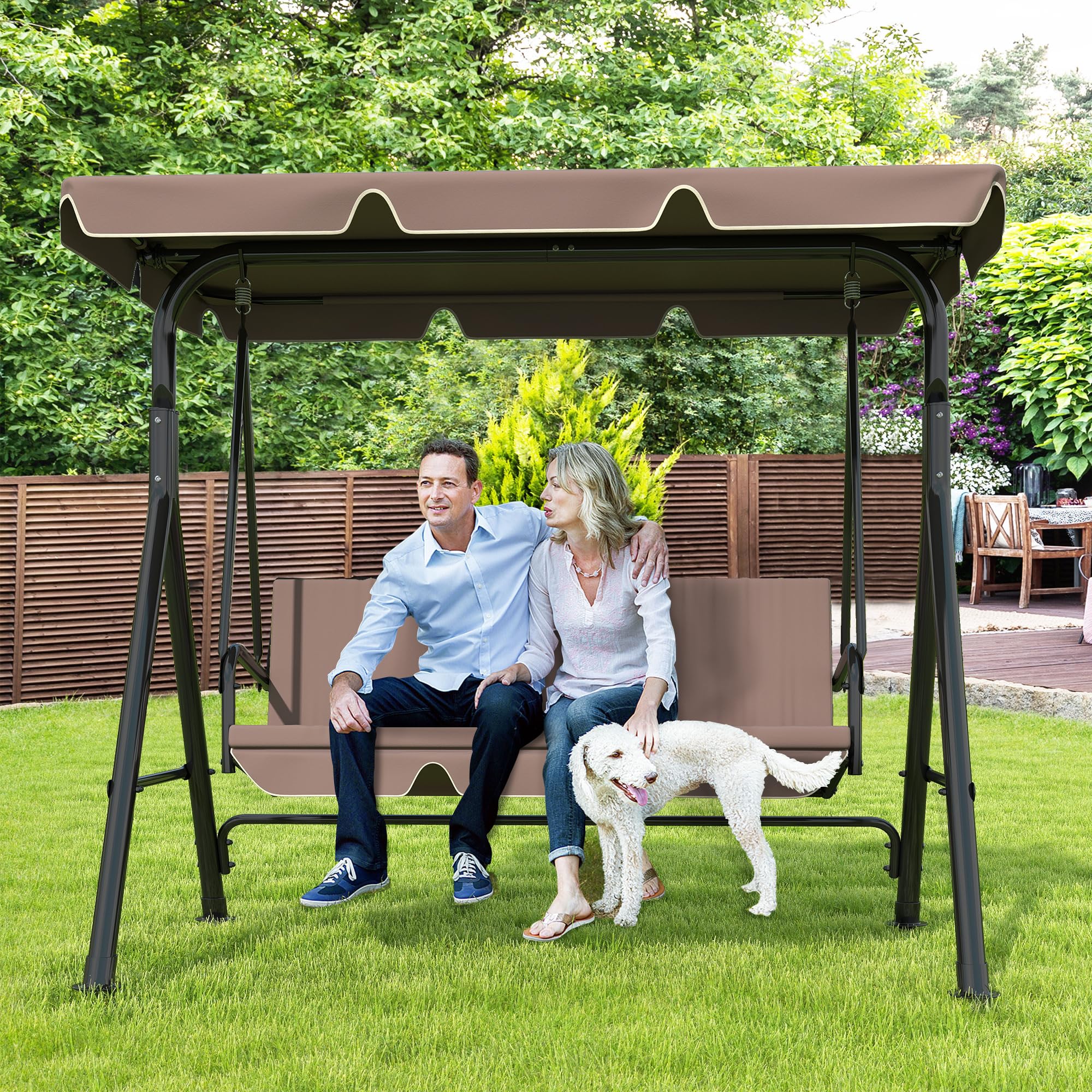 GARTOO 3-Seat Patio Swing Chair, Brown