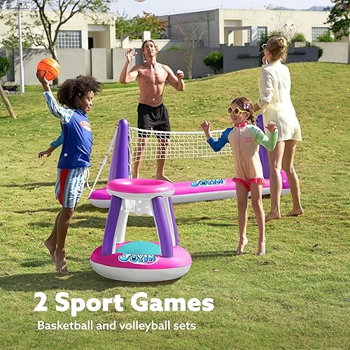 Miniatura 2 de JOYIN Juego de flotadores inflables para piscina, red de voleibol y aros de baloncesto, flotadores flotantes de juguete para niños y adultos, cancha