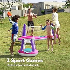 JOYIN Inflatable Pool Float Set Volleyball Net & Basketball Hoops, Floating Swimming Game Toy Floaties for Kids and Adults Volleyball Court (105x28x35)|Basketball (27x23x27),L-Pink Purple