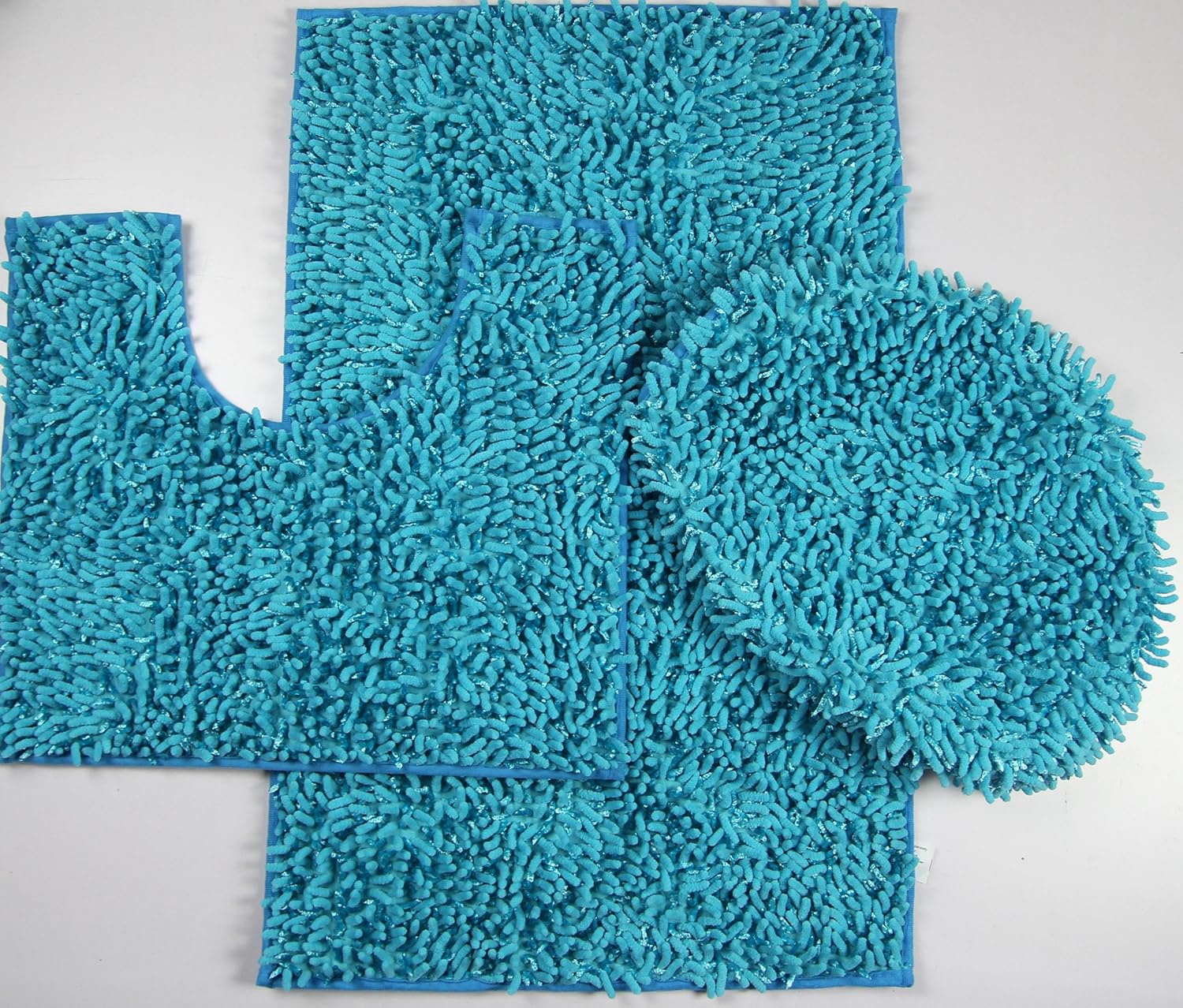 BH Home & Linen 3-Piece Ultra-Soft Shiny Chenille Mixed Microfiber Bath Mats Set. Large Mat 19.5" x 31", Contour Mat 19.5" x 17.5", Lid 20" x 18" (Turquoise)