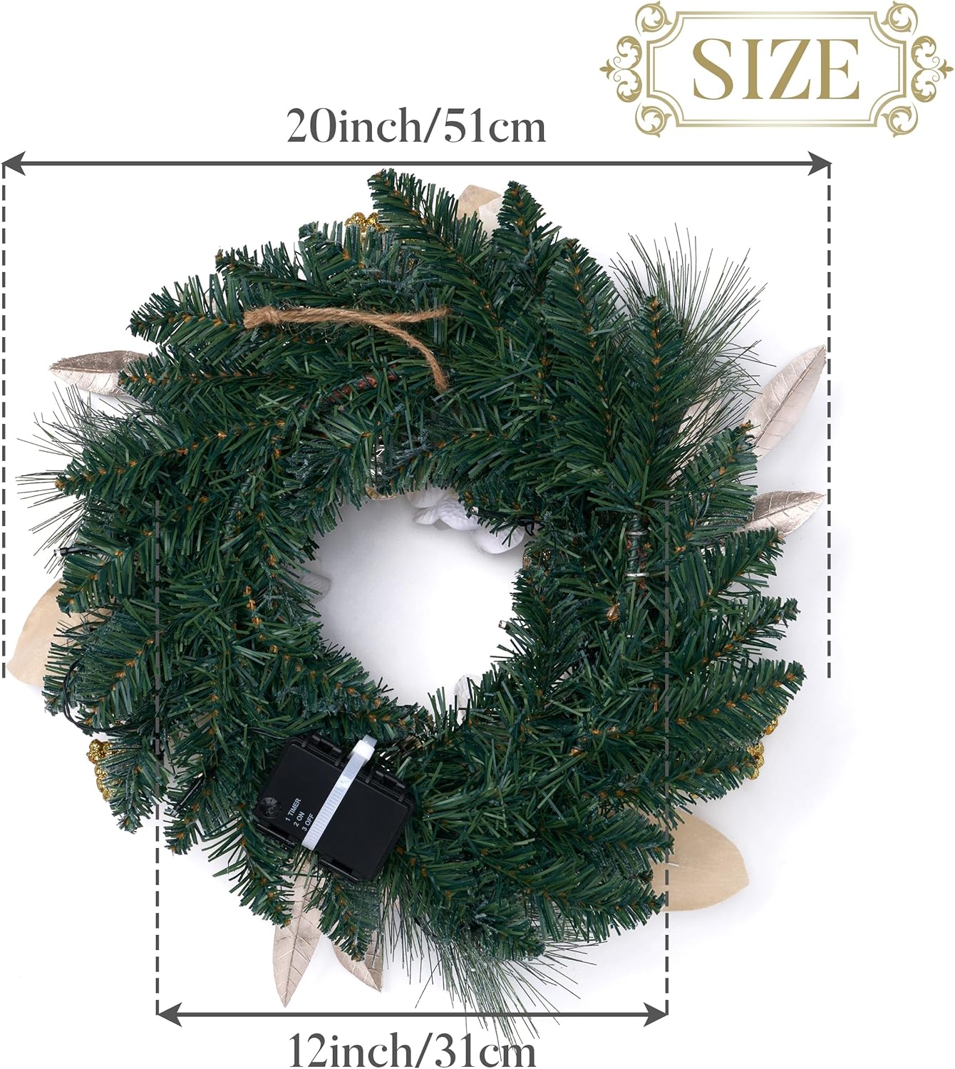 Valery Madelyn 20'' Pre-Lit Christmas Wreath for Front Door with Lights, Lighted Christmas Door Wreath Decorations with Magnolia White Gold Xmas Ball for Home Porch Fireplace Window Holiday Decor