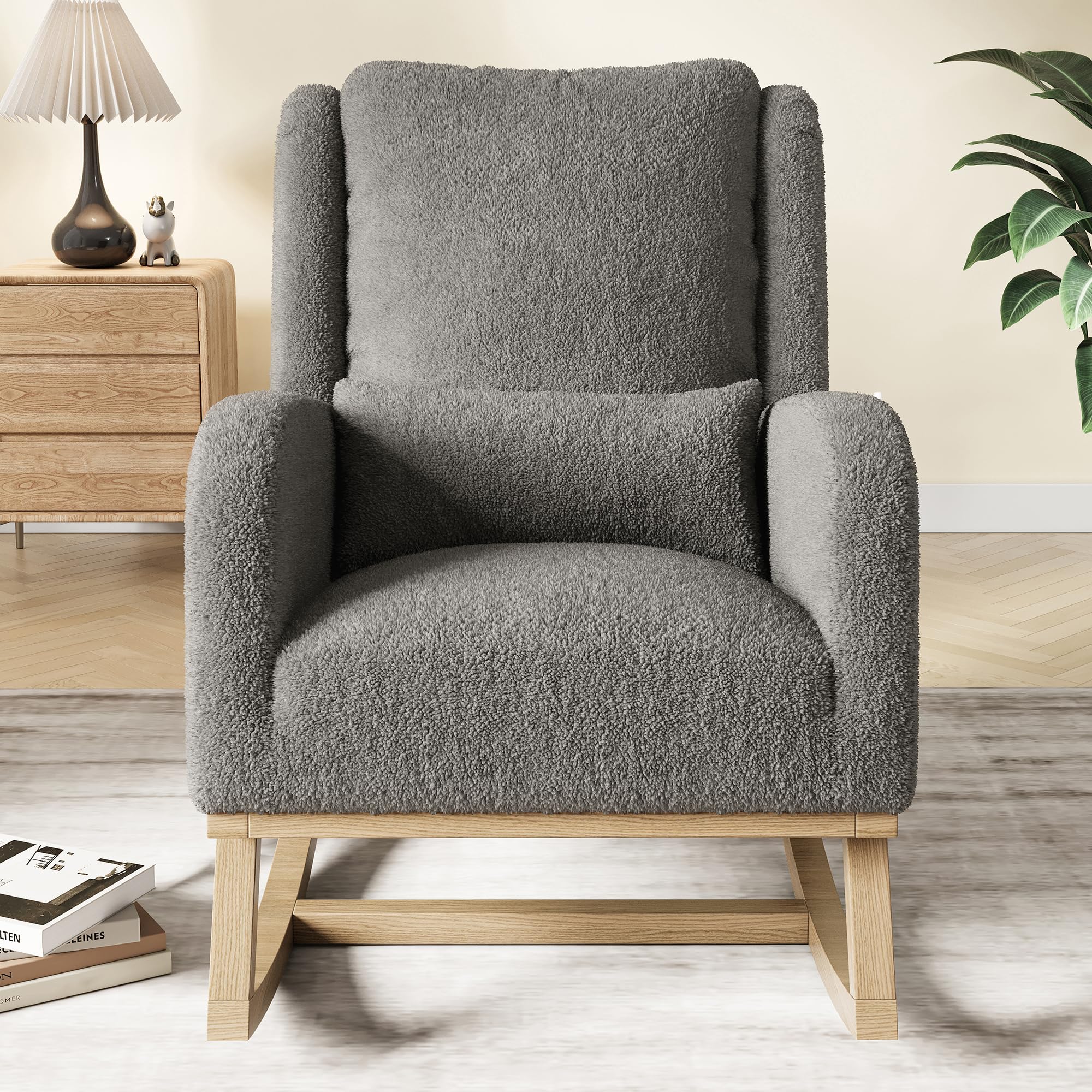 Silla Mecedora, Sillas Mecedoras de Salón, Silla de Lectura con Bolsillos de Almacenamiento en Ambos Lados, Silla Mecedora con Patas de Madera Maciza, 96x94x70cm, Terciopelo Teddy, Gris