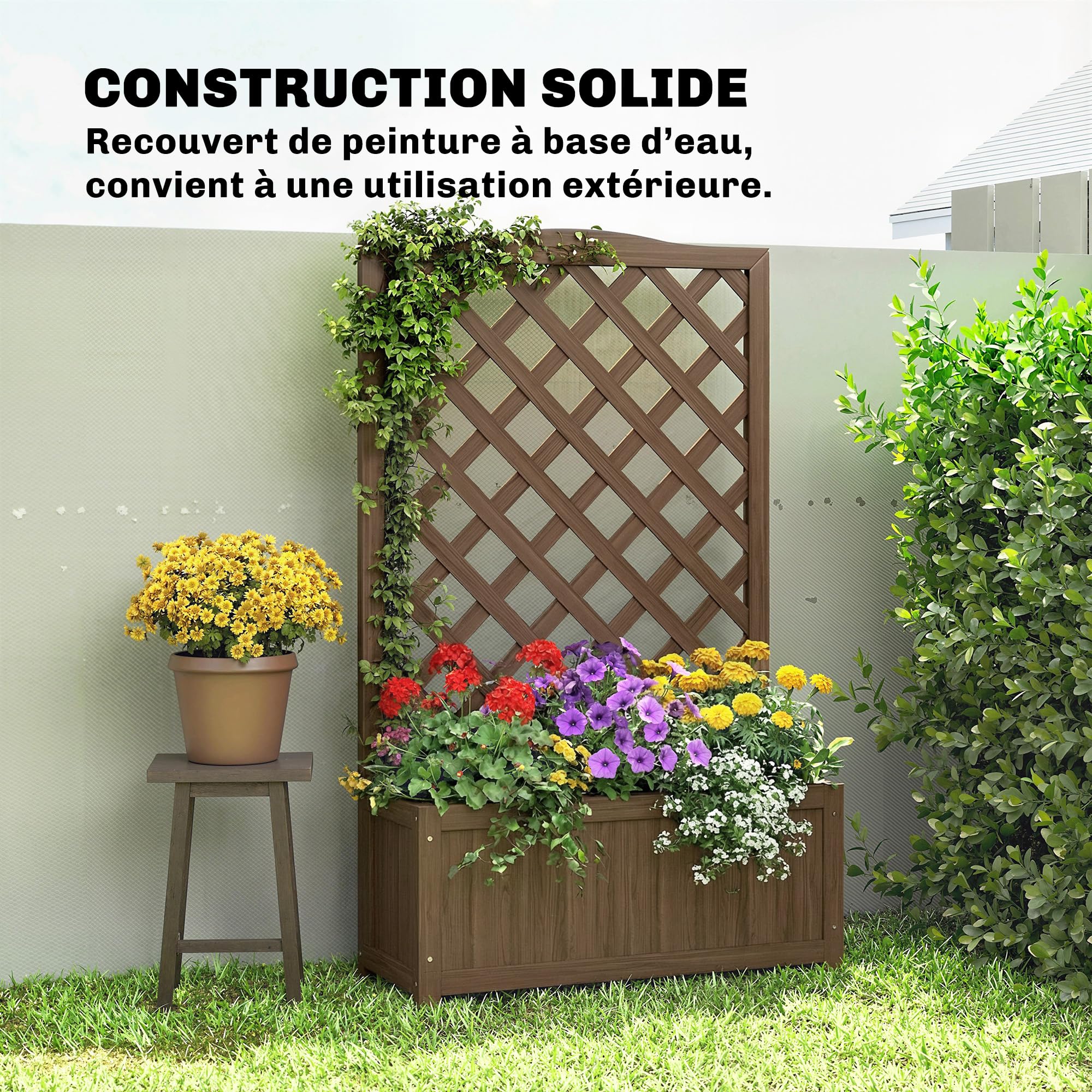 Outsunny Jardinière avec Treillis, Bac à Fleurs, Bois Massif, 70 x 28 x 117 cm, Café Foncé
